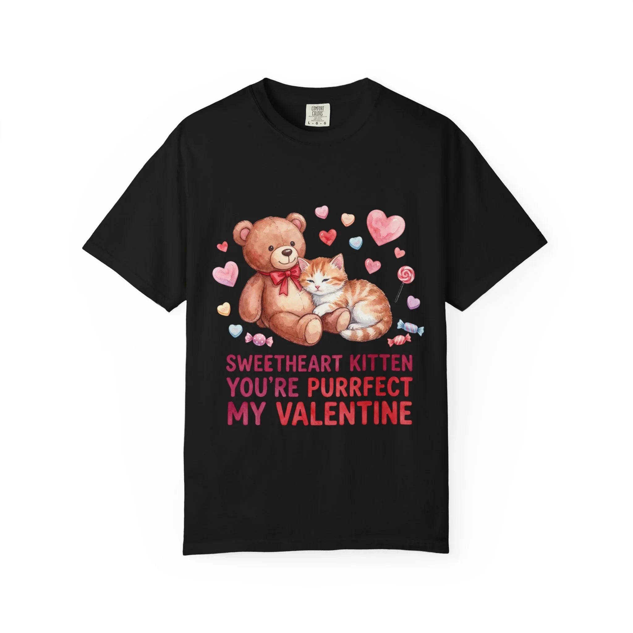Sweetheart Kitten Youre Purrfect My Valentine T Shirt Cute Cat Teddy Bear Hearts Watercolor Cozy Vintage Aesthetic Gift Cat Lovers Black