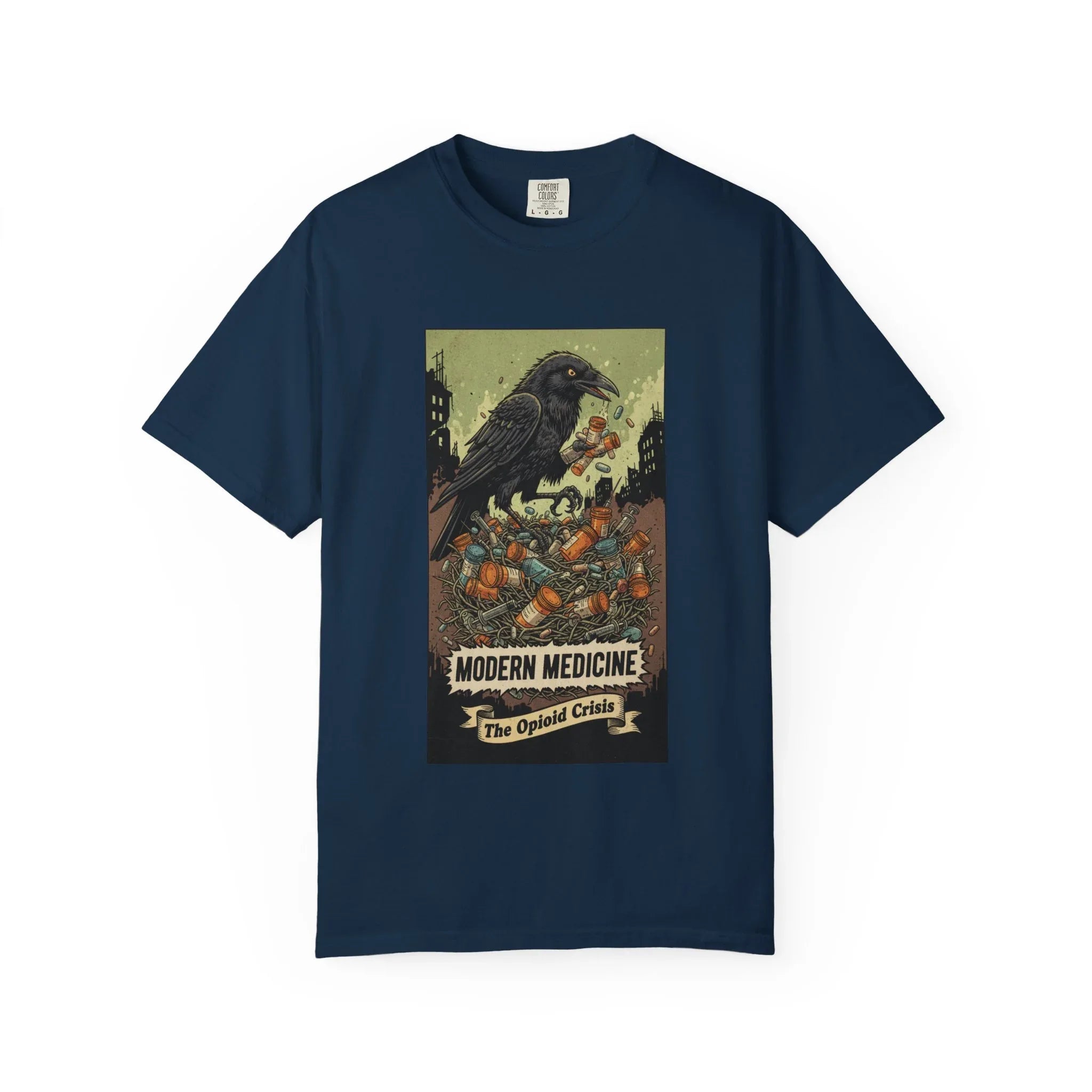 Modern Medicine Raven Shirt - Opioid Crisis Satire Tee - Dark Gothic Graphic T-Shirt - Vintage Social Commentary Art - Raven Nest Medicine Bottle Dark Humor Streetwear True Navy