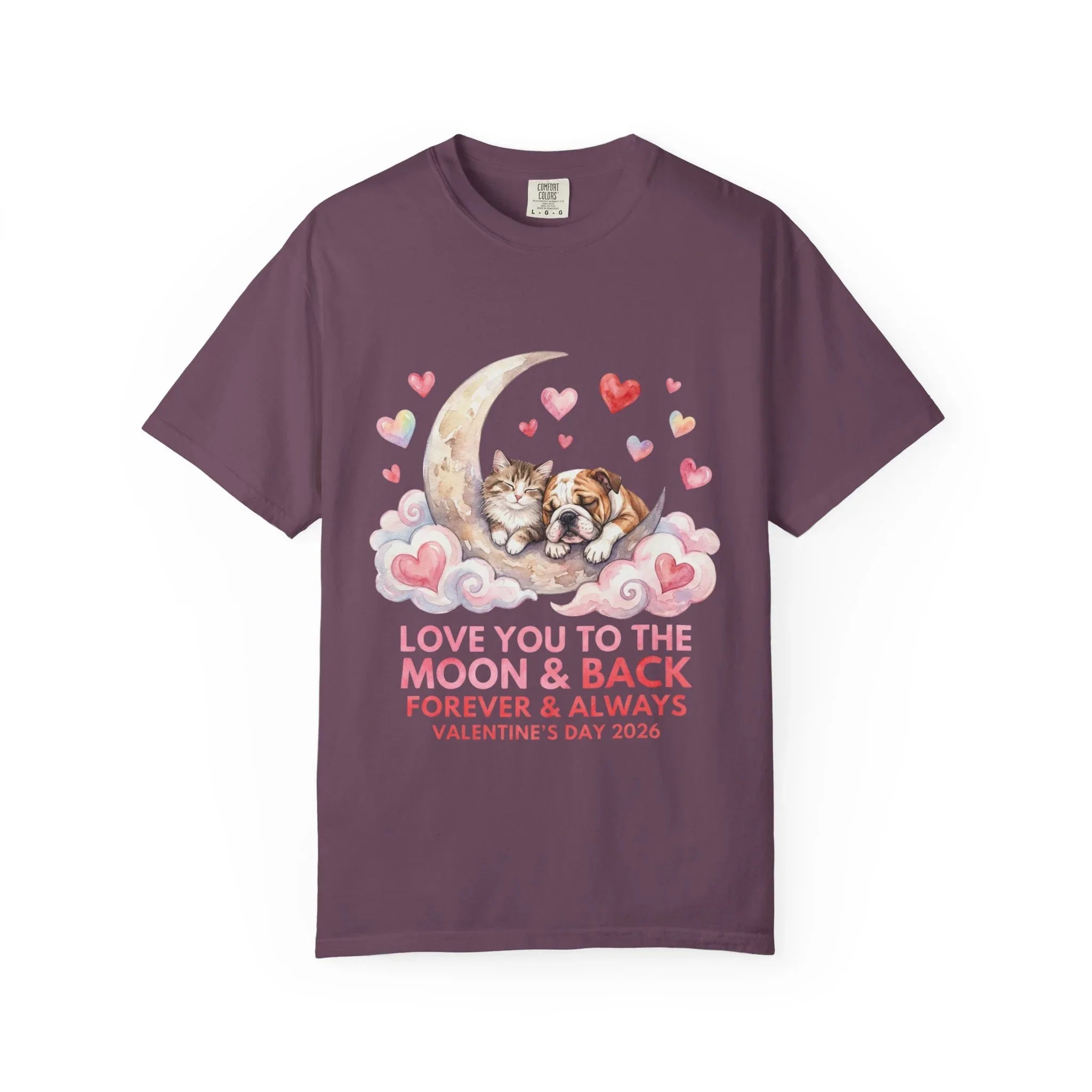 Love You to the Moon and Back Cats T Shirt Cute Kittens Crescent Moon Hearts Watercolor Cozy Vintage Aesthetic Gift Cat Lovers Valentine Tee Berry M