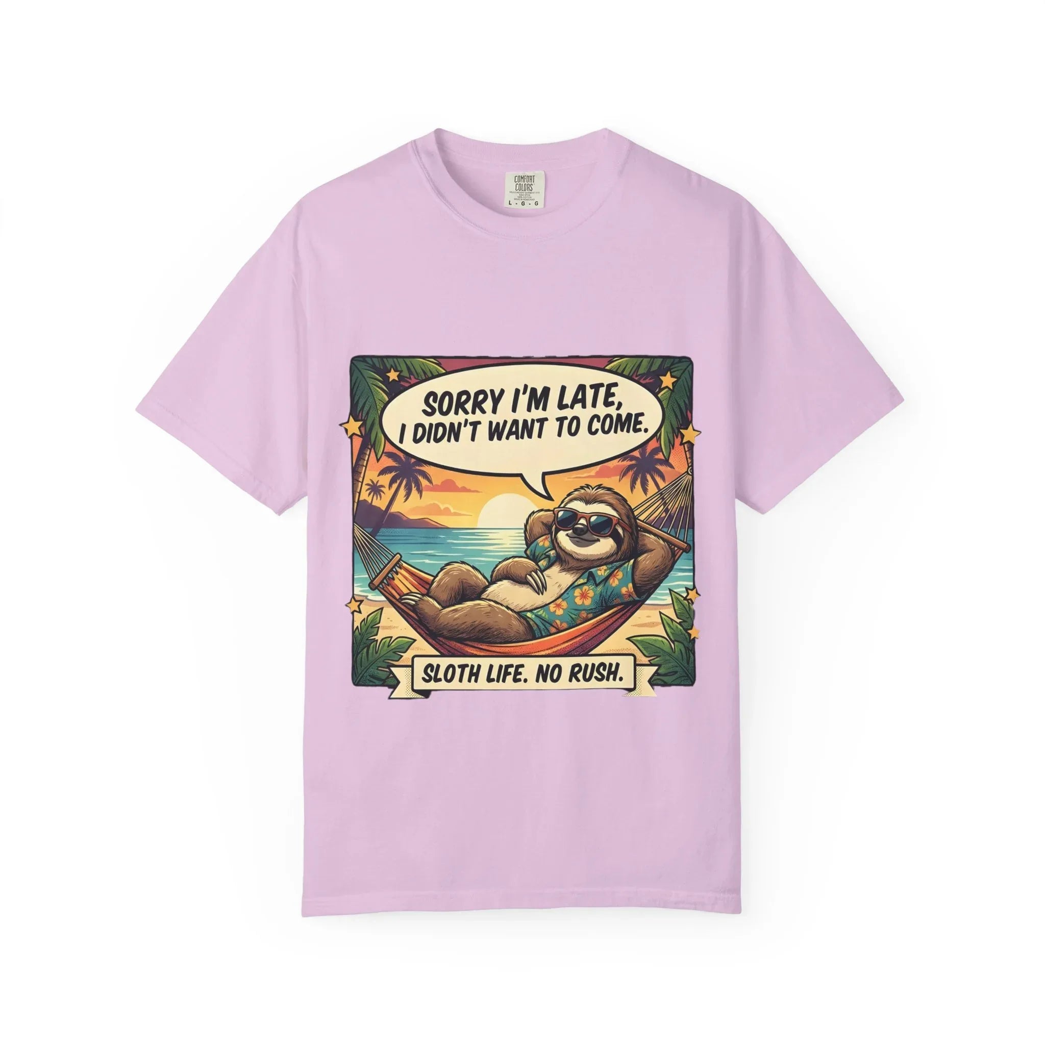 Sorry Im Late Sloth Hammock T-Shirt | Sloth Life No Rush Tee | Beach Chill Humor Gift | Vintage Tropical Lazy Shirt Orchid