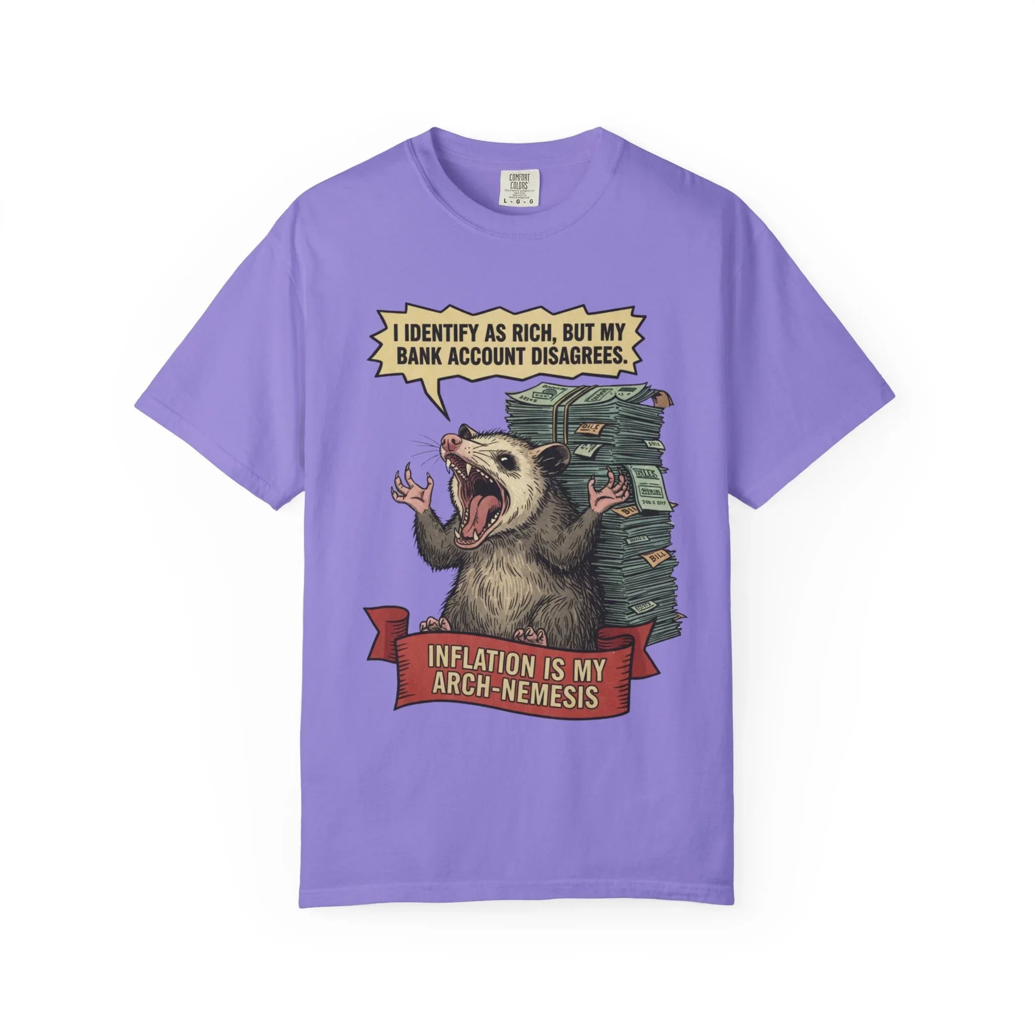 Funny Opossum Shirt - "I Identify As Rich" Inflation Meme Gift - Screaming Possum Hoodie - Relatable Money Humor T-Shirt - Vintage Style Animal Top Violet