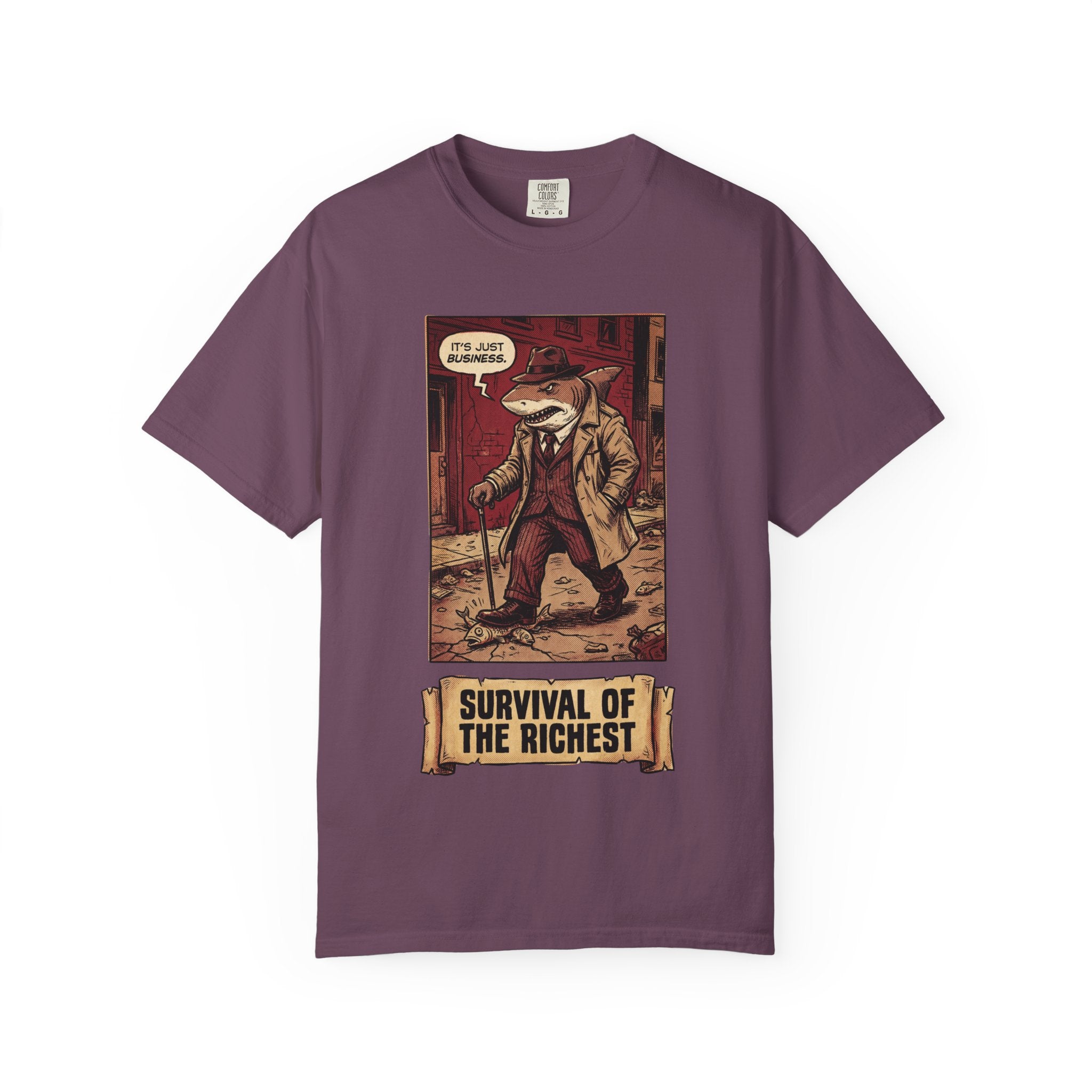 Survival of the Richest Shirt Vintage Business Shark Tee Retro Comic Style Satirical Graphic Top Dark Humor Mafia Art Gift Berry M