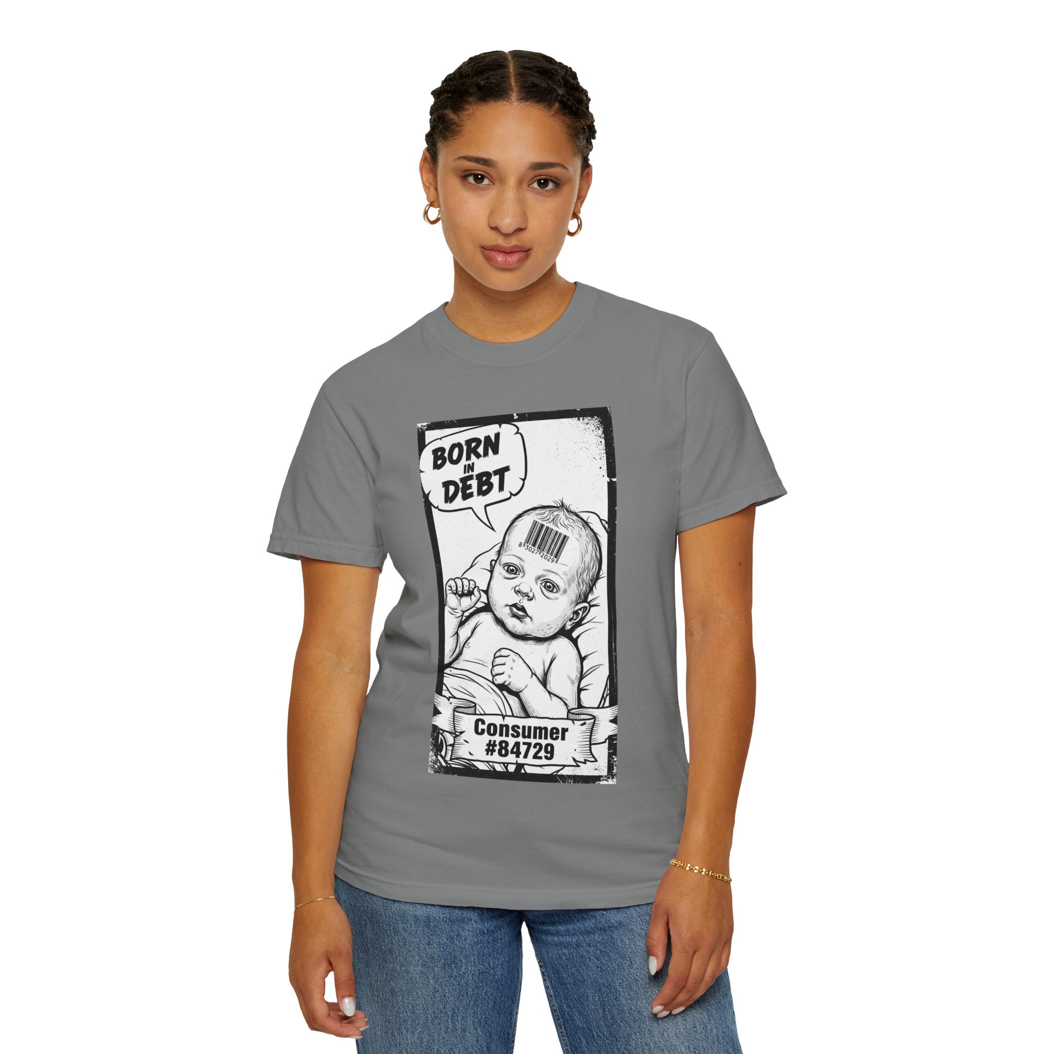 Born In Debt Shirt Social Satire Tee Anti Capitalism Gift Edgy Grunge Clothing Consumerism Barcode Graphic Retro Comic Art Shirt