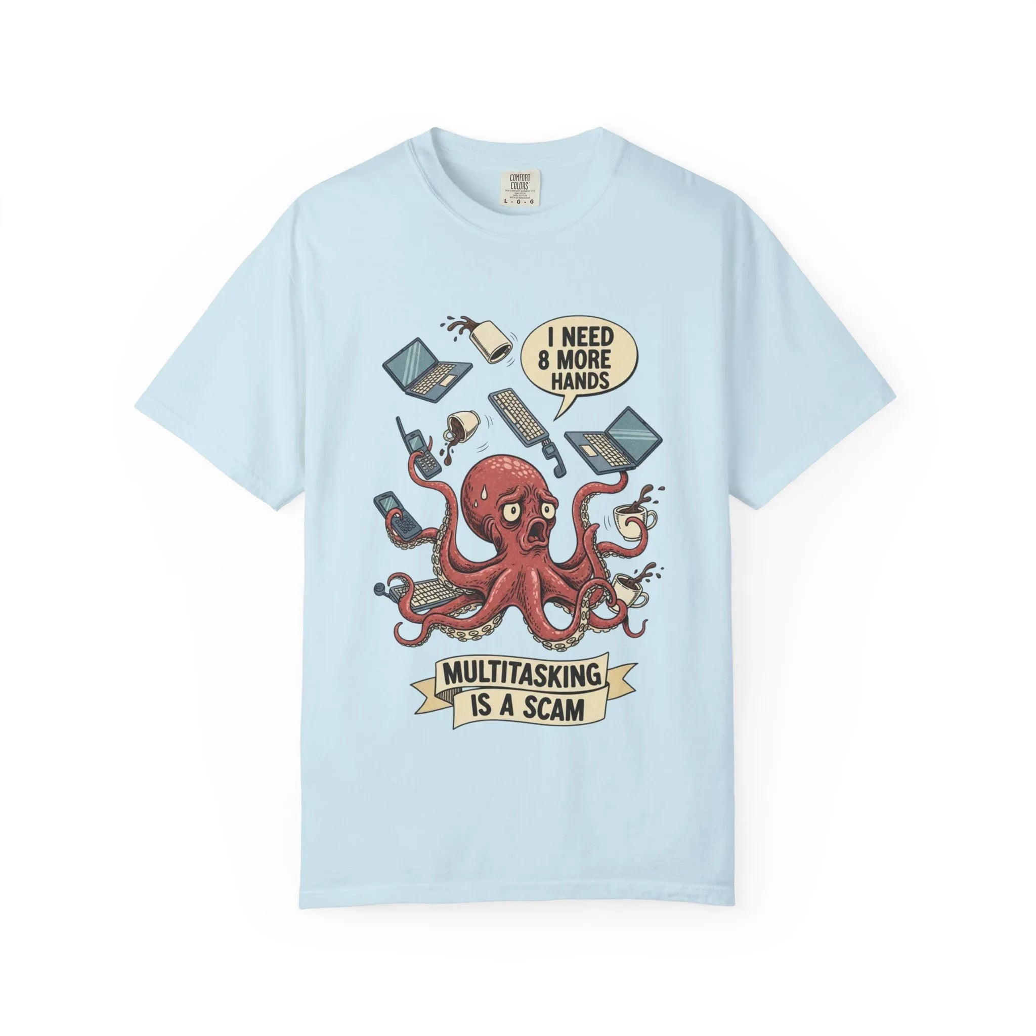 Funny Octopus Shirt - "Multitasking Is A Scam" T-Shirt - Vintage Work Humor Tee - Office Gift for Coworker - Burnout Graphic Tee - Retro Cartoon Top Chambray