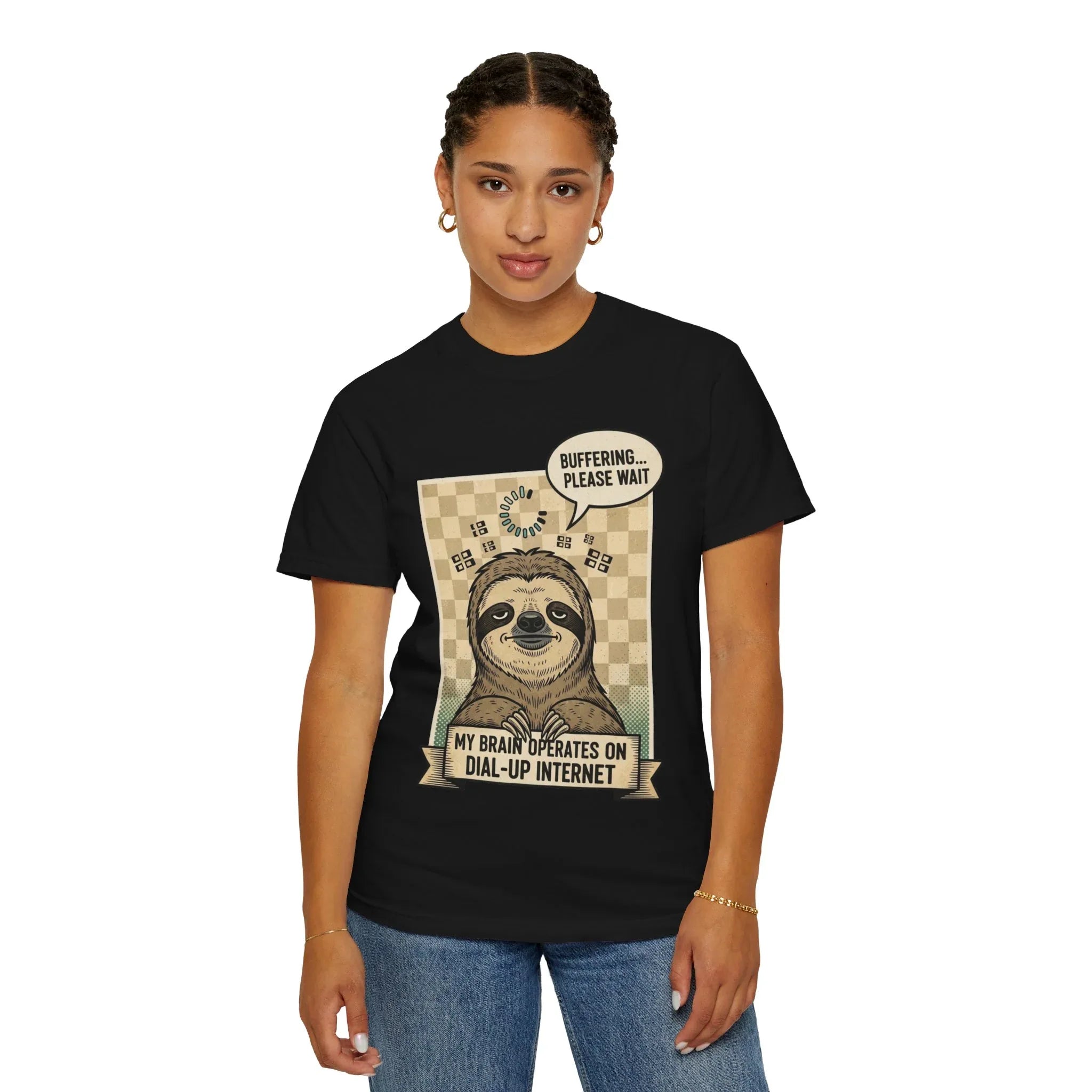Funny Sloth Shirt Retro 90s Dial-Up Internet Tee Buffering Graphic Tshirt Sarcastic Sloth Lover Gift Vintage Style Comfort Colors Tee Black