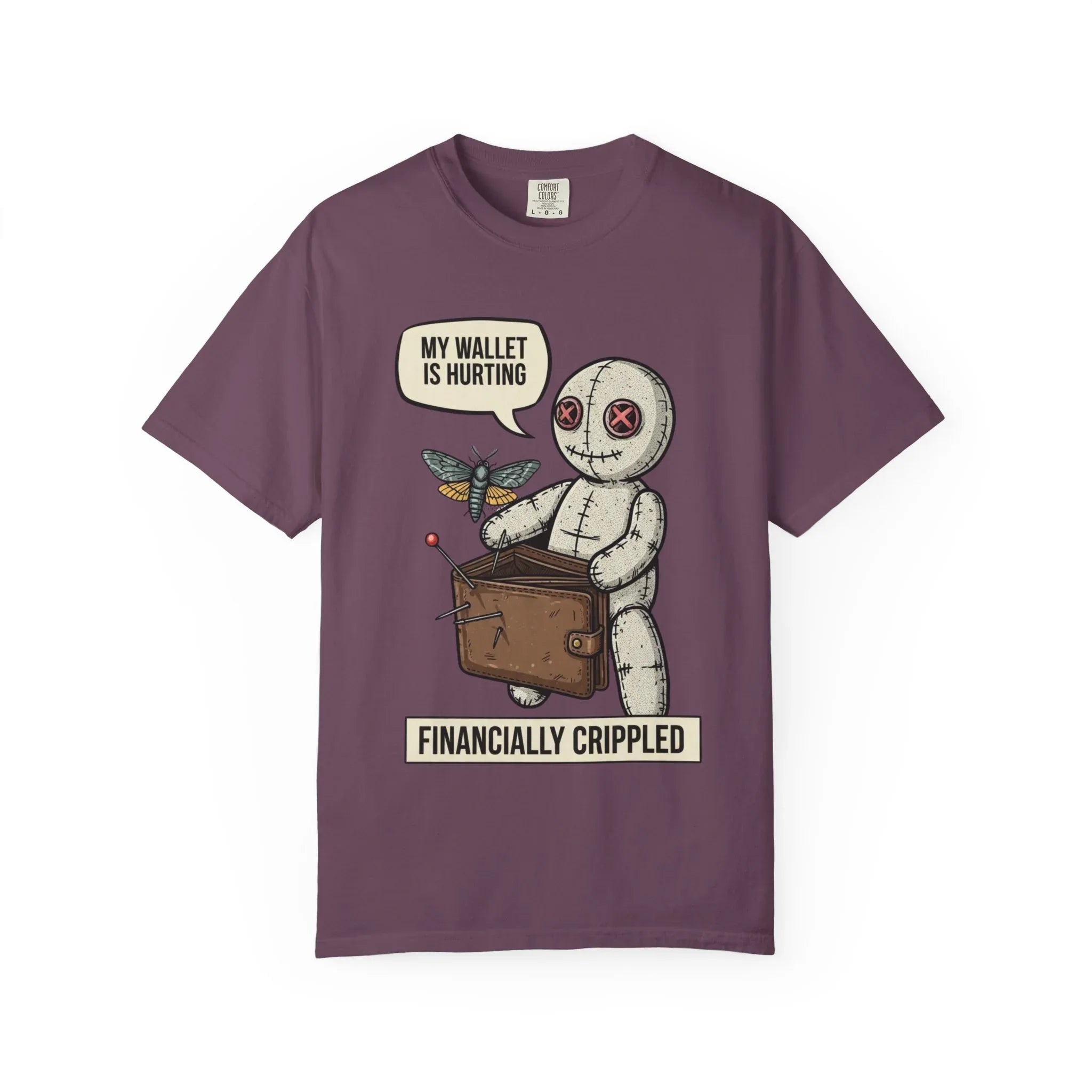 Funny Voodoo Doll Broke Life Shirt - Sarcastic "Financially Crippled" Graphic Tee - Retro Dark Humor Wallet T-Shirt - Vintage Aesthetic Streetwear Gift - Relatable Financial Struggle Mood Shirt Berry