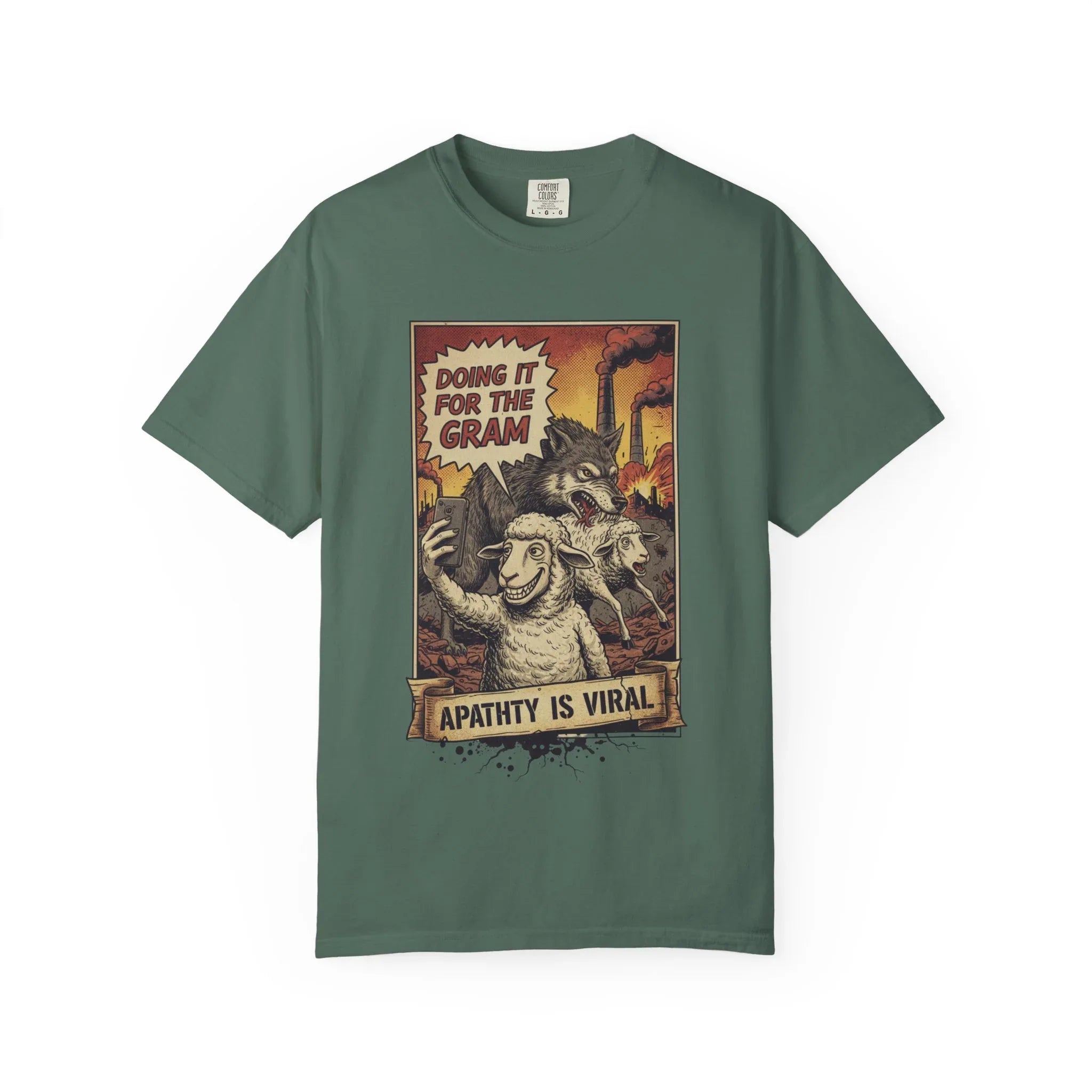 Doing It For The Gram Vintage Shirt - Satirical Wolf and Sheep Graphic Tee - Retro Social Media Irony T-Shirt - 1950s Propaganda Style Dark Humor - Unapologetic Social Critique Apparel Blue Spruce