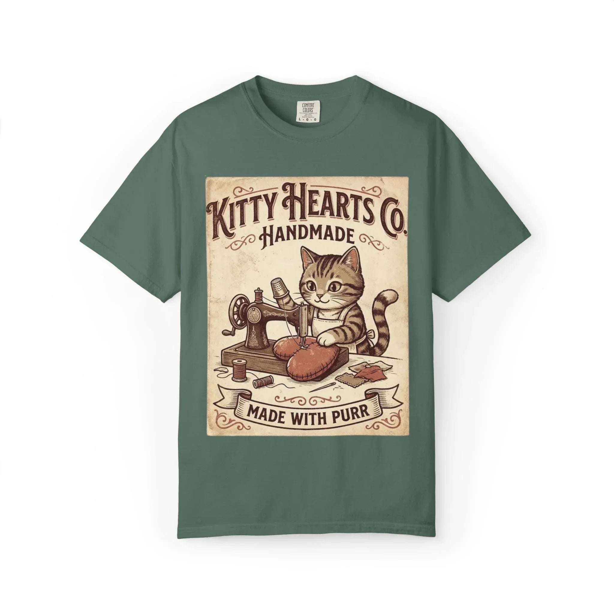 Kitty Hearts Co T-Shirt | Vintage Handmade Cat Sewing Made With Purr Graphic Tee Blue Spruce