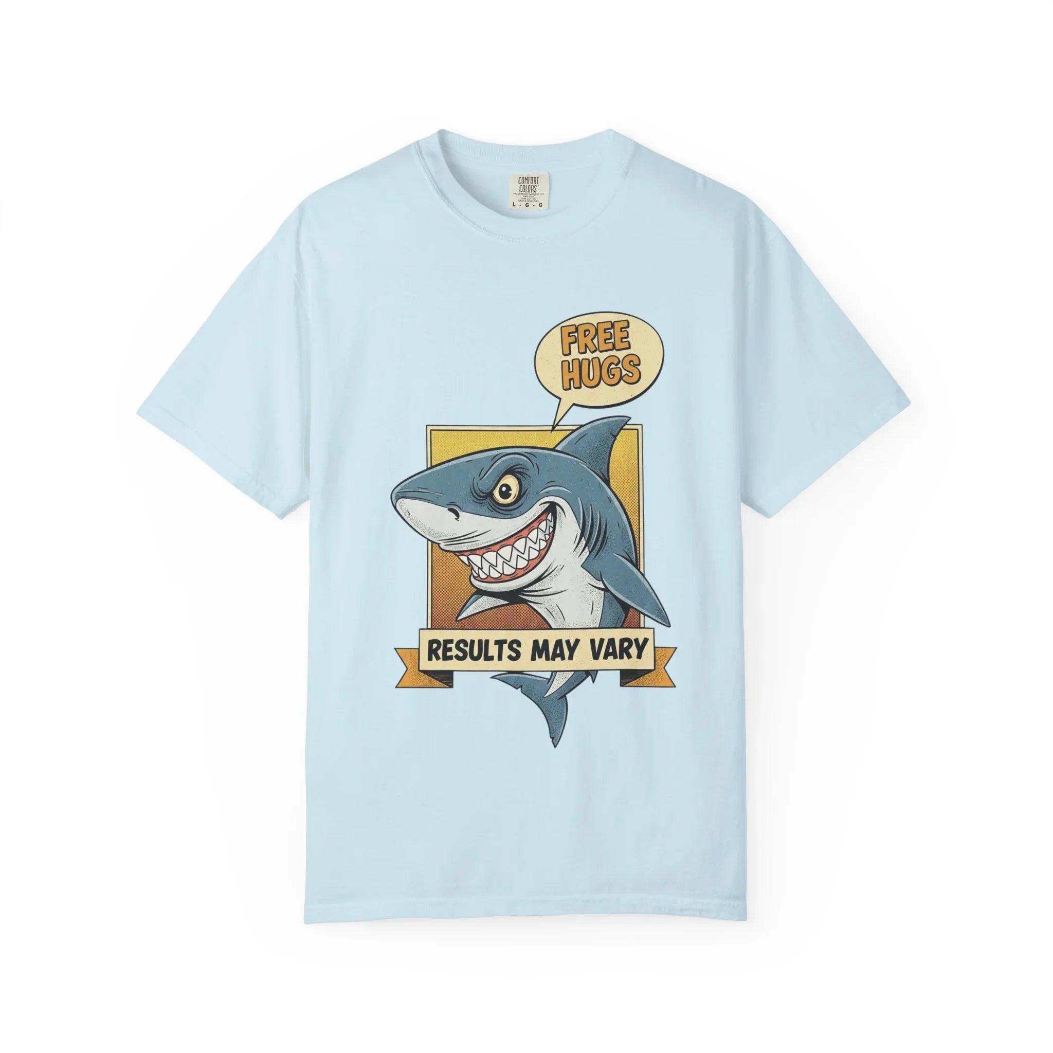 Funny Shark Shirt - "Free Hugs" Sarcastic Vintage Graphic Tee - Results May Vary Dark Humor Gift - Retro Great White Shark Top - Men's & Women's Dad Joke Clothing Chambray