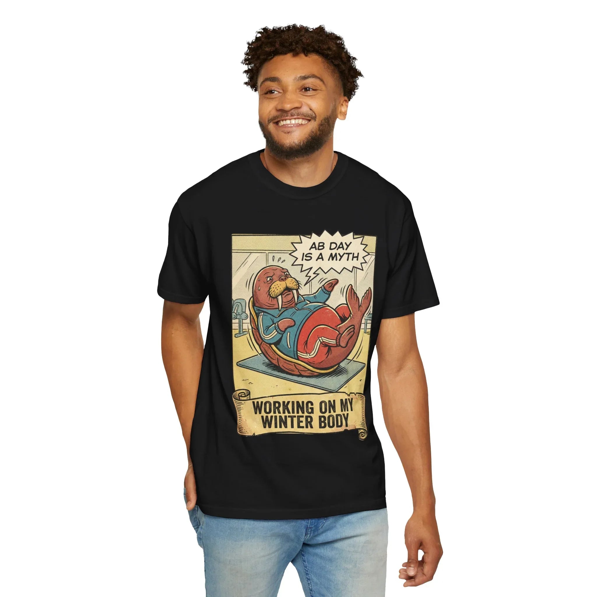 Funny Walrus Gym Shirt - "Ab Day Is A Myth" Retro Comic Tee - Sarcastic Workout Graphic T-Shirt - Working On My Winter Body Gift - Vintage Pop Art Fitness Streetwear