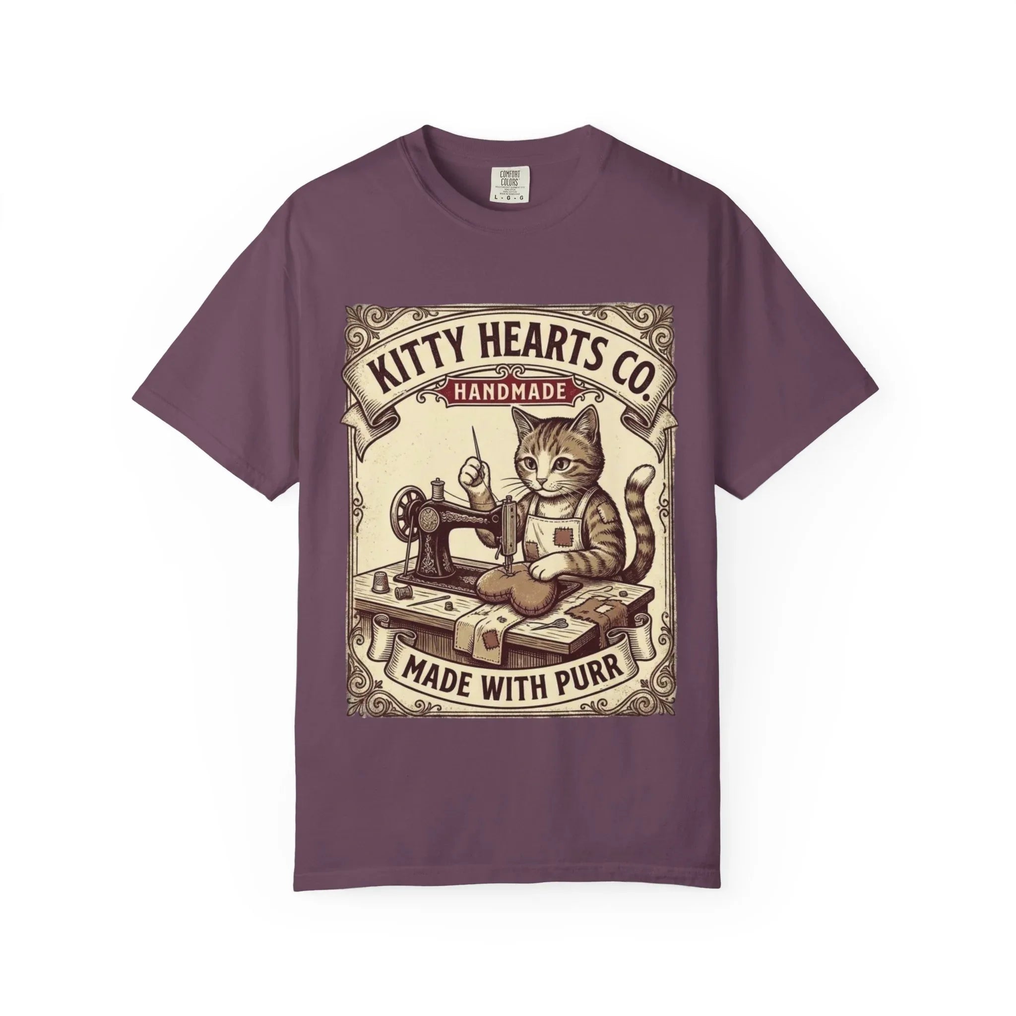 Kitty Hearts Co T-Shirt | Vintage Sewing Cat Made With Purr Graphic Tee | Retro Craft Lover Gift Berry M