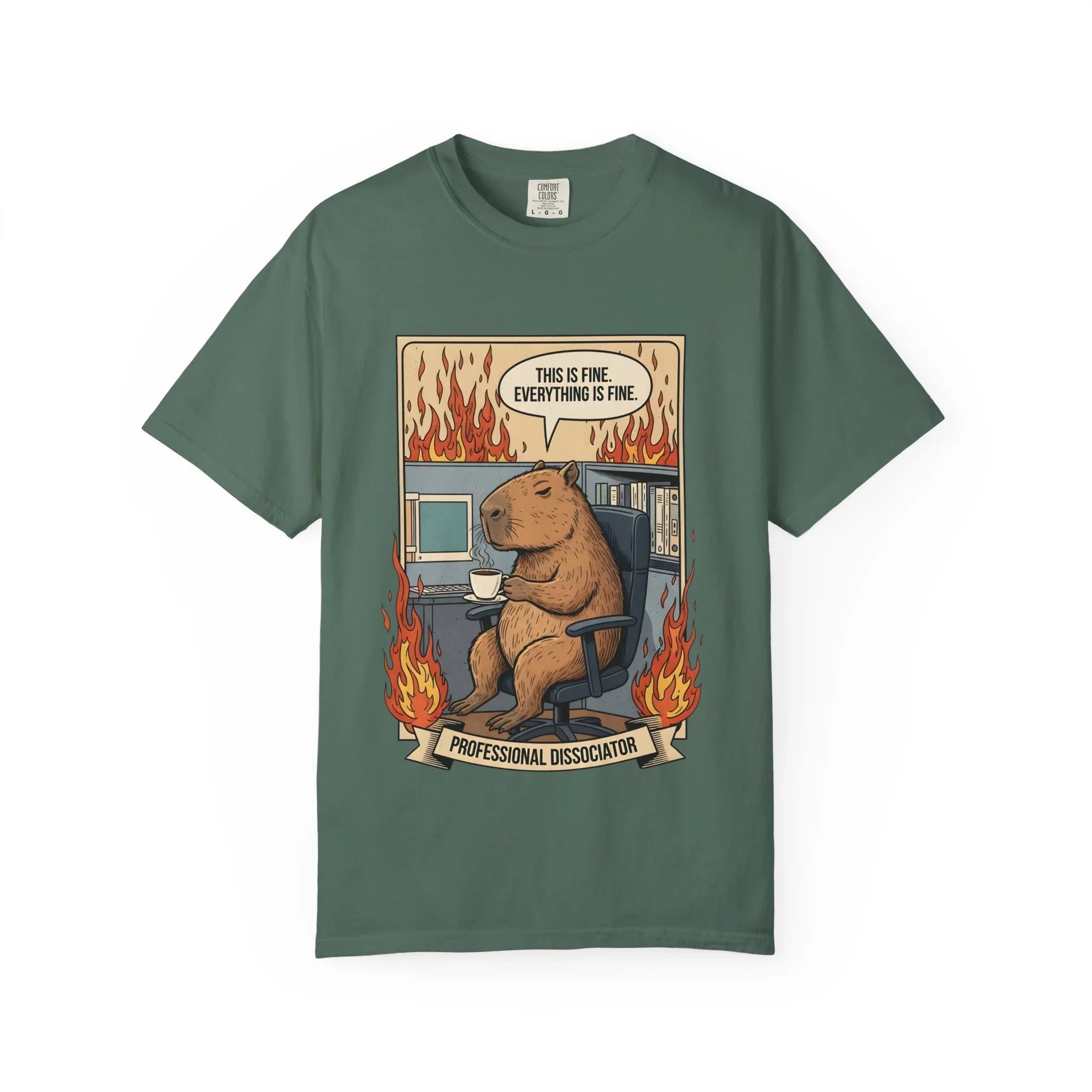 Funny Capybara Shirt - "This Is Fine" Meme Hoodie - Professional Dissociator Gift - Office Humor Graphic Tee - Anxiety & Mental Health Crewneck - Cute Chill Rodent Top Blue Spruce