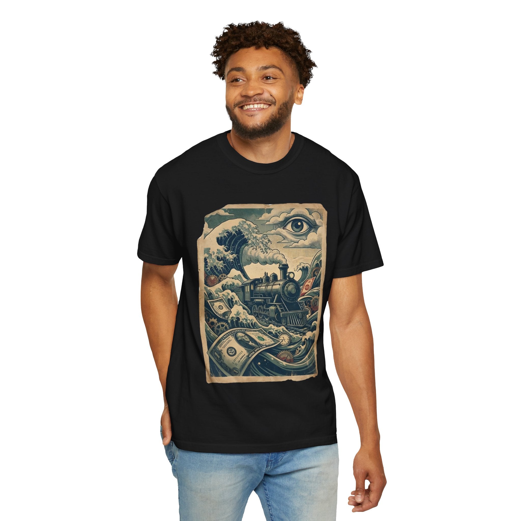 Financial Tsunami T-Shirt - Steam Train Economic Crisis Tee - Vintage Surrealist Satire Shirt - Sarcastic Money Wave Graphic