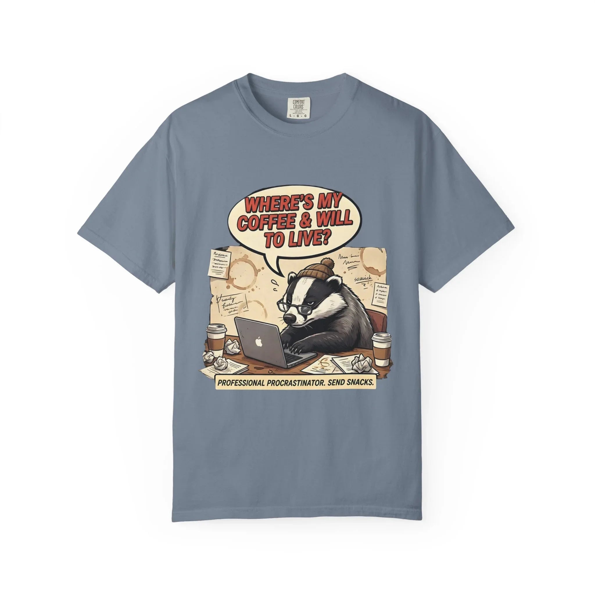 Where's My Coffee and Will to Live Badger T-Shirt | Procrastination Coffee Design | Funny Freelancer Gift | Vintage Sarcastic Humor Tee Blue Jean