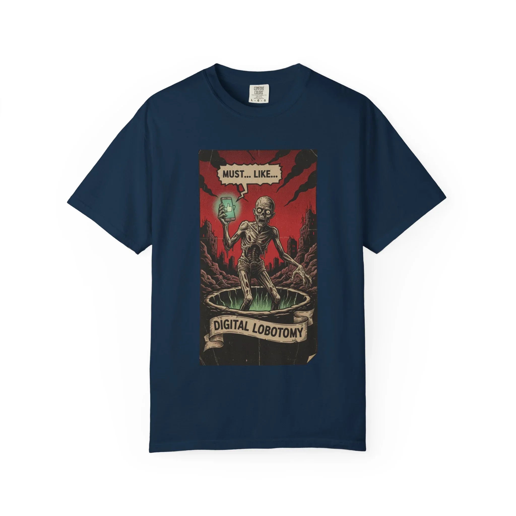 Digital Lobotomy Shirt - Vintage Horror Zombie T-Shirt - Social Media Satire Tee - Retro Comic Style Graphic Shirt - Smartphone Addict Dark Humor Gift - Tech Skeptic Streetwear True Navy