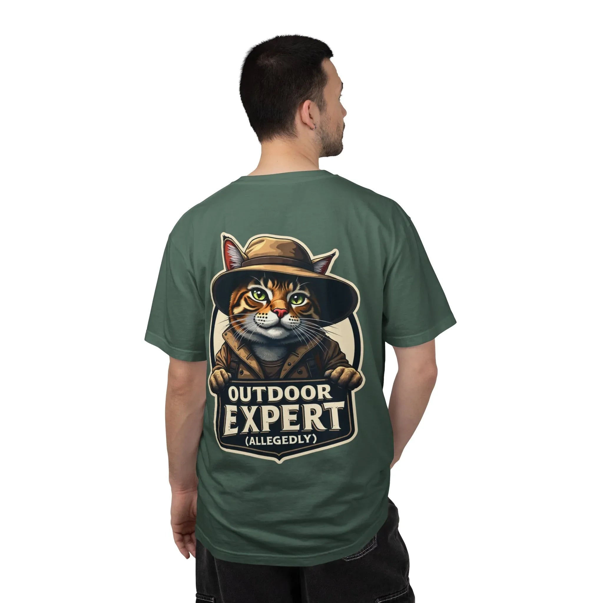 Outdoor Expert Cat T-Shirt, Outdoor Expert (Allegedly) Back Print Tee, Funny Camping Cat in Fedora Badge, Unisex Garment-Dyed Blue Spruce