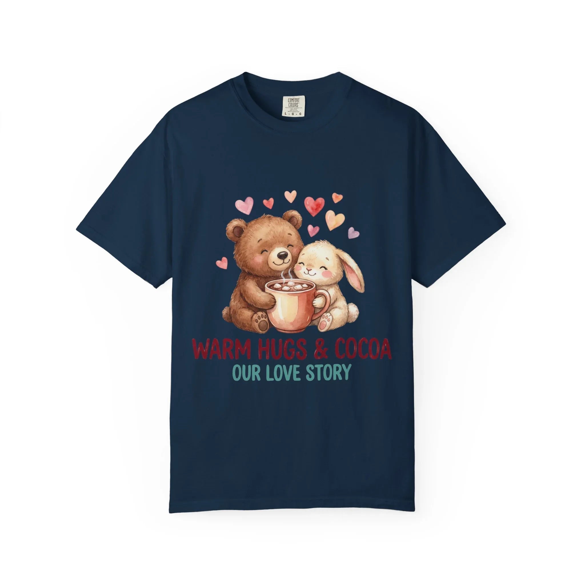 Warm Hugs and Cocoa Our Love Story T-Shirt | Bear Bunny Illustration | Cozy Winter Valentine Gift | Soft Vintage Storybook Tee True Navy