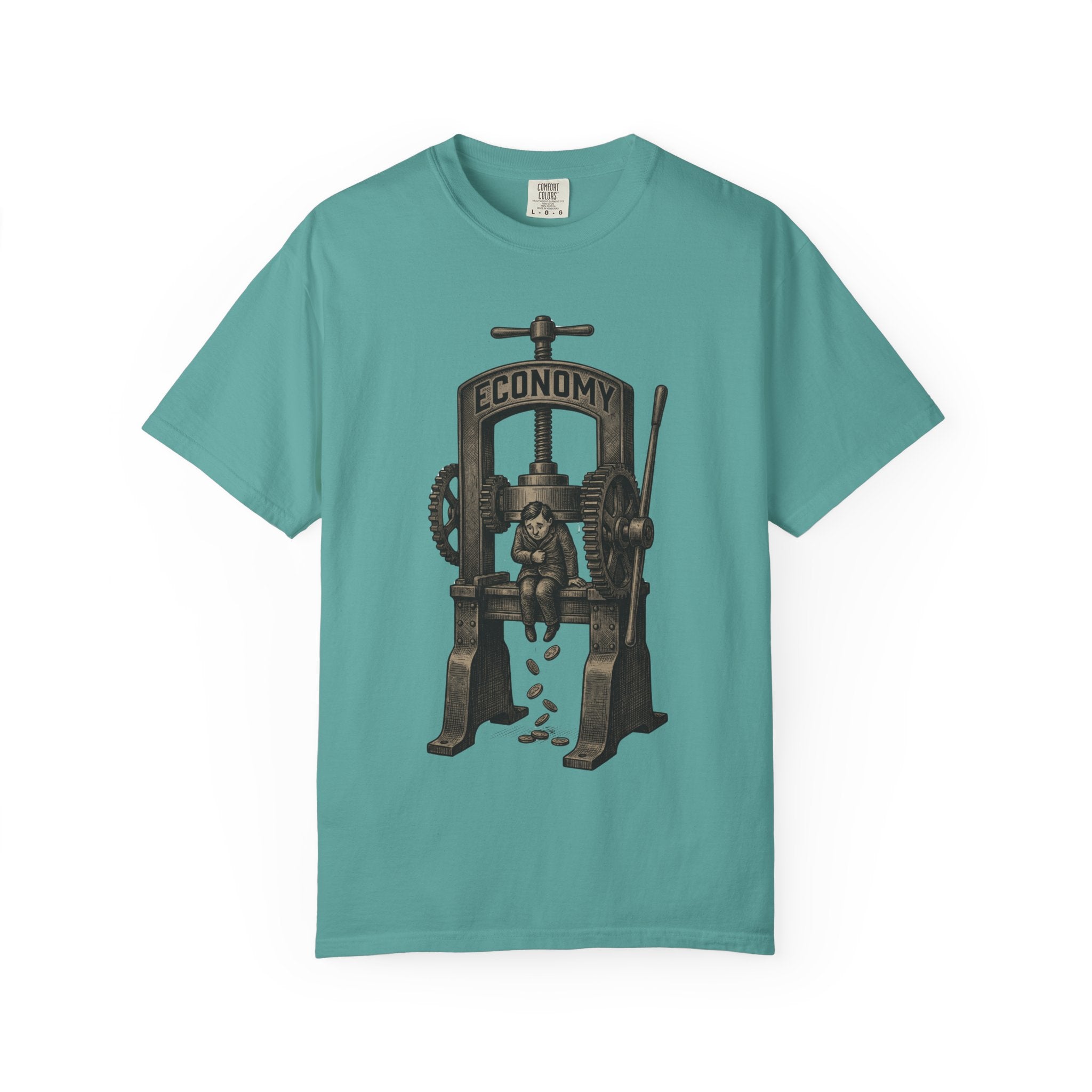 Vintage "ECONOMY" Press T-Shirt | Retro Industrial Satire Graphic Tee | Hand-Drawn Woodcut Style Socio-Economic Statement Shirt Seafoam