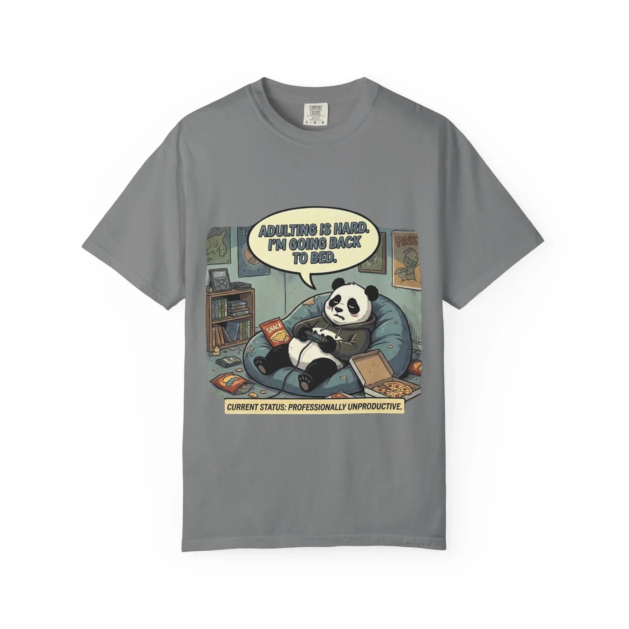 Adulting Is Hard Panda T-Shirt | Lazy Reading Graphic Tee | Cozy Bookworm Humor Gift | Vintage Anti Hustle Comic Shirt Grey