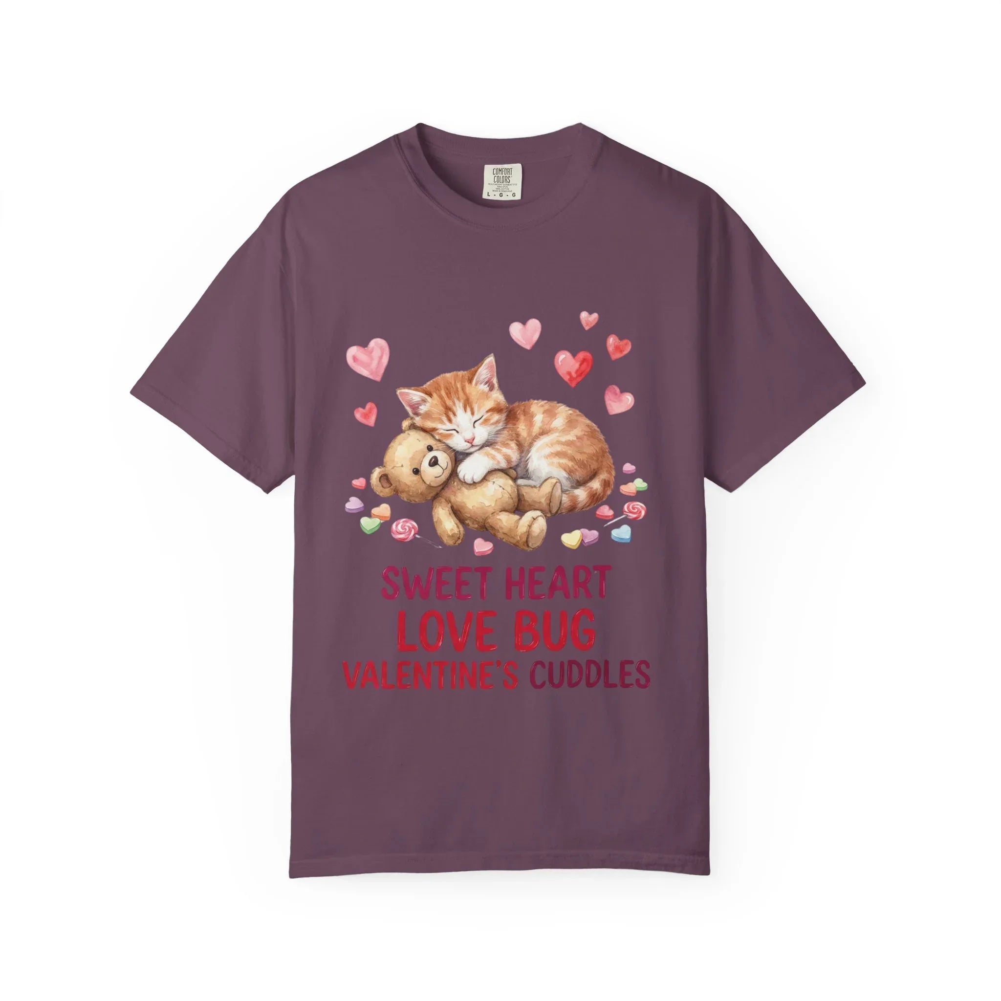 Sleeping Kitten with Teddy Bear Valentine T-Shirt | Sweetheart Love Bug Cuddles | Cozy Vintage Aesthetic | Cute Romantic Gift Berry M