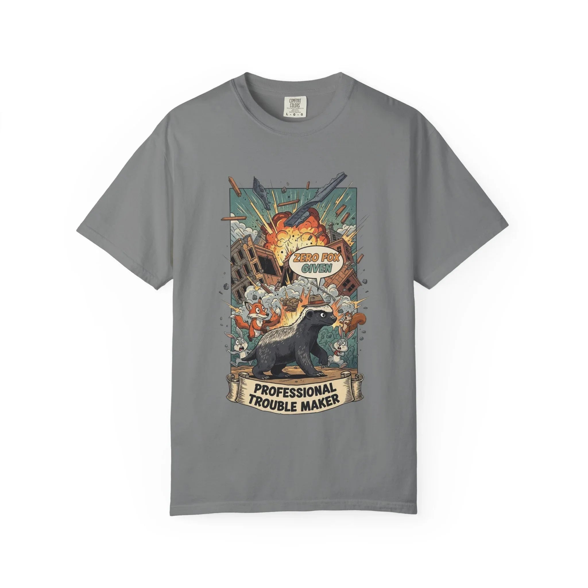 Funny Honey Badger Shirt - "Zero Fox Given" Hoodie - Professional Trouble Maker Tee - Retro Comic Style Graphic - Cool Animal Meme Gift for Sarcastic Men & Women Grey