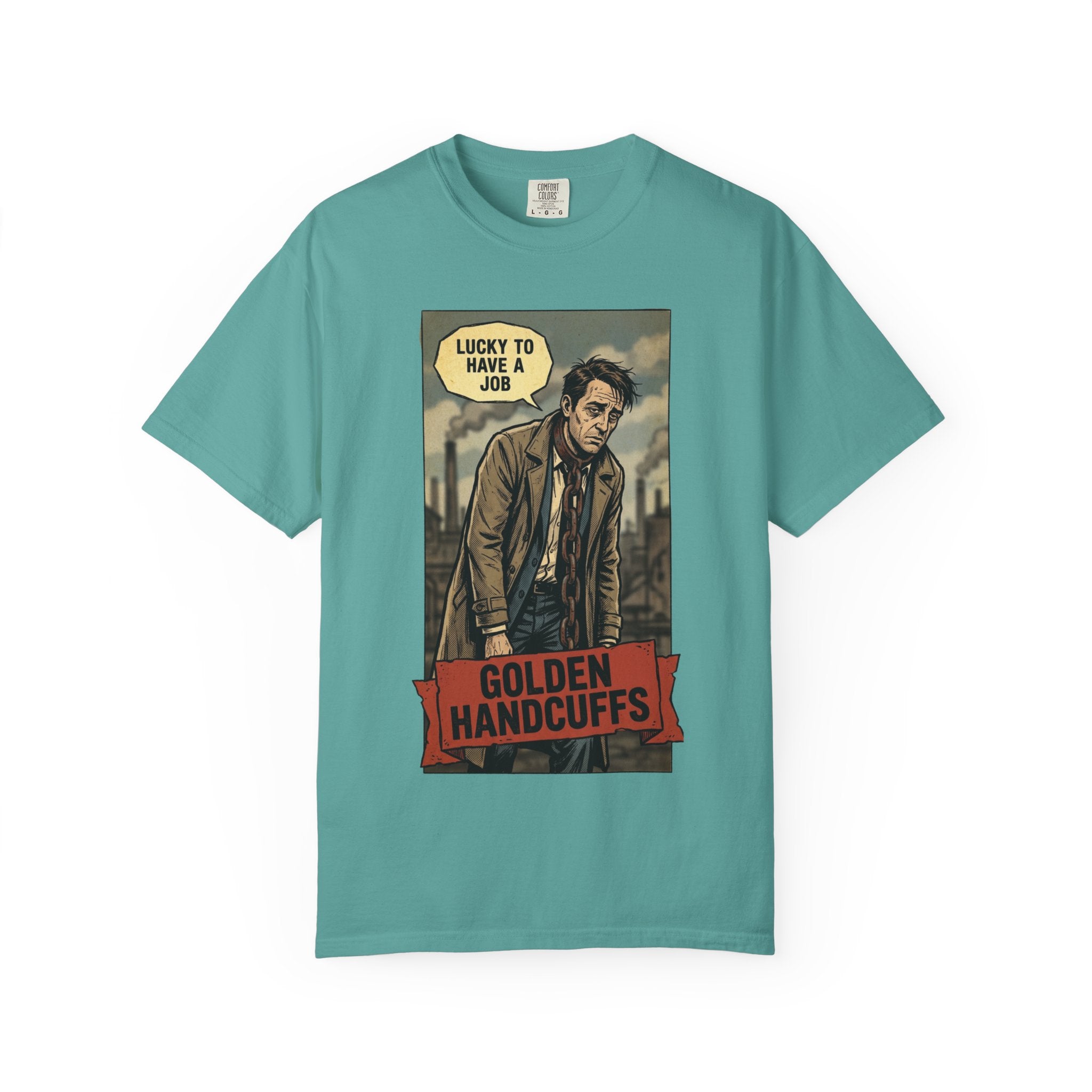 Golden Handcuffs Vintage Comic Shirt Sarcastic Work Humor Tee Retro Anti Work Gift Corporate Slave Aesthetic Tshirt Industrial GrungeGraphic Seafoam