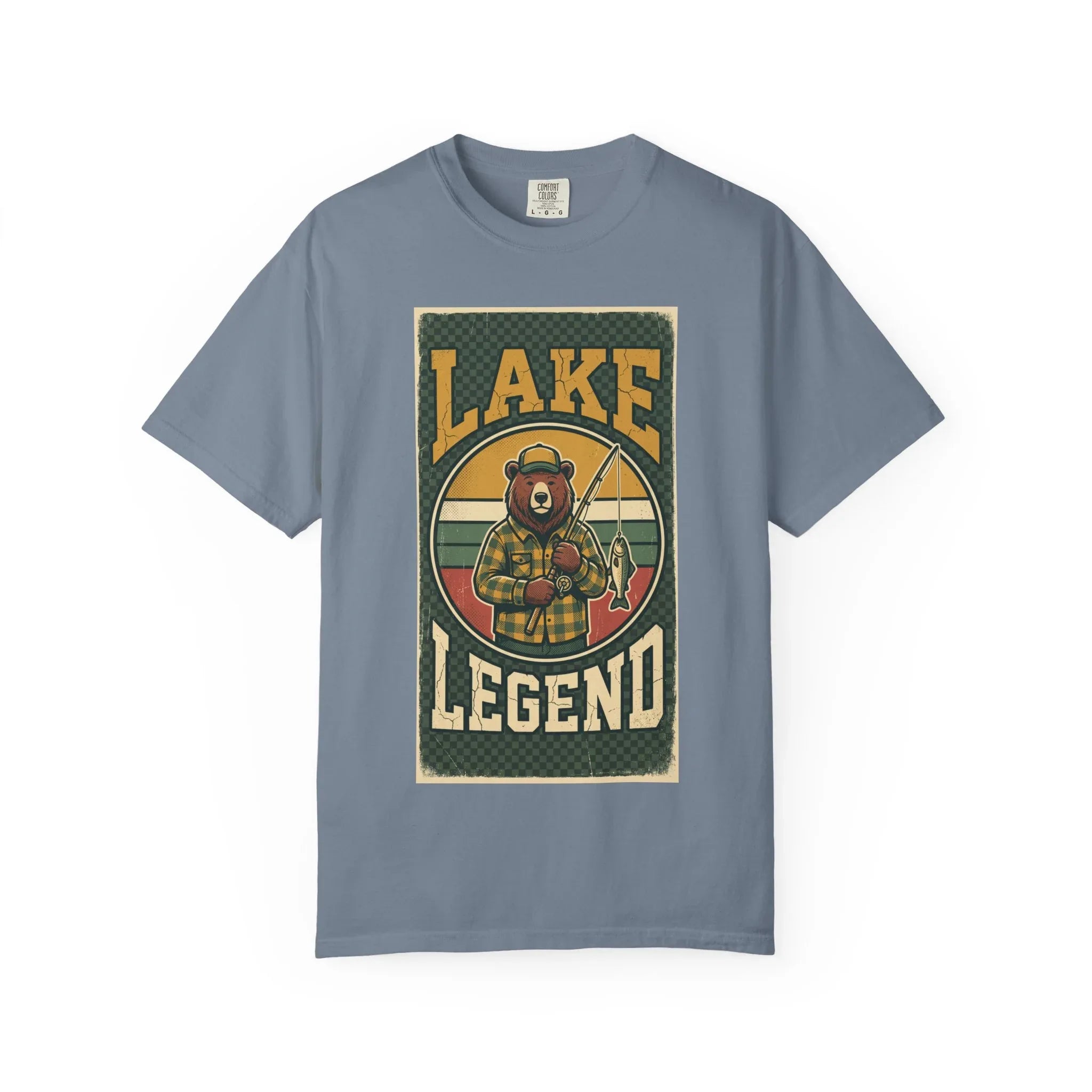 Lake Legend Bear Fishing T-Shirt | Retro Outdoors Graphic Tee | Vintage Cabin Lake Life Shirt | Garment-Dyed Heavyweight Unisex Blue Jean