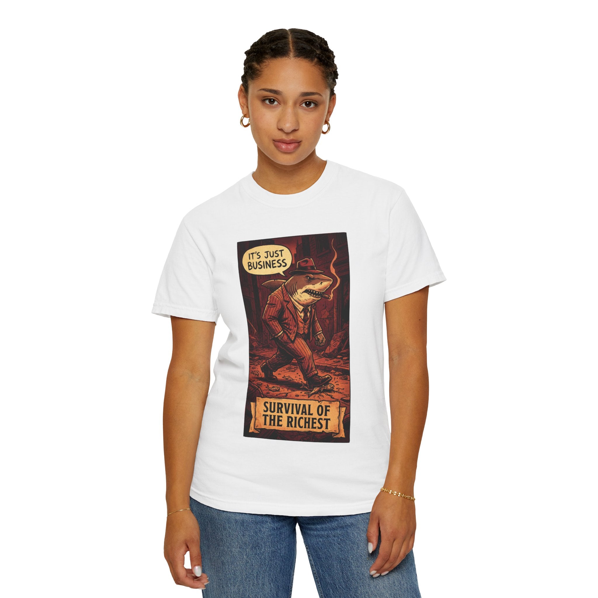 Survival of the Richest Vintage Comic Shirt | Retro Business Shark Satire Tee | Dark Humor Corporate Streetwear