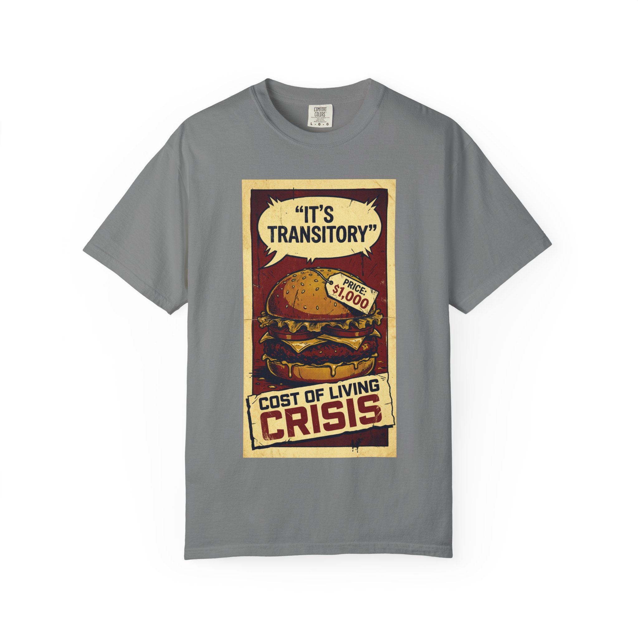 Cost of Living Crisis Shirt, It's Transitory Funny Inflation T-Shirt, $1,000 Burger Satire Tee, Vintage Economic Crisis Graphic, Sarcastic Finance Gift Grey