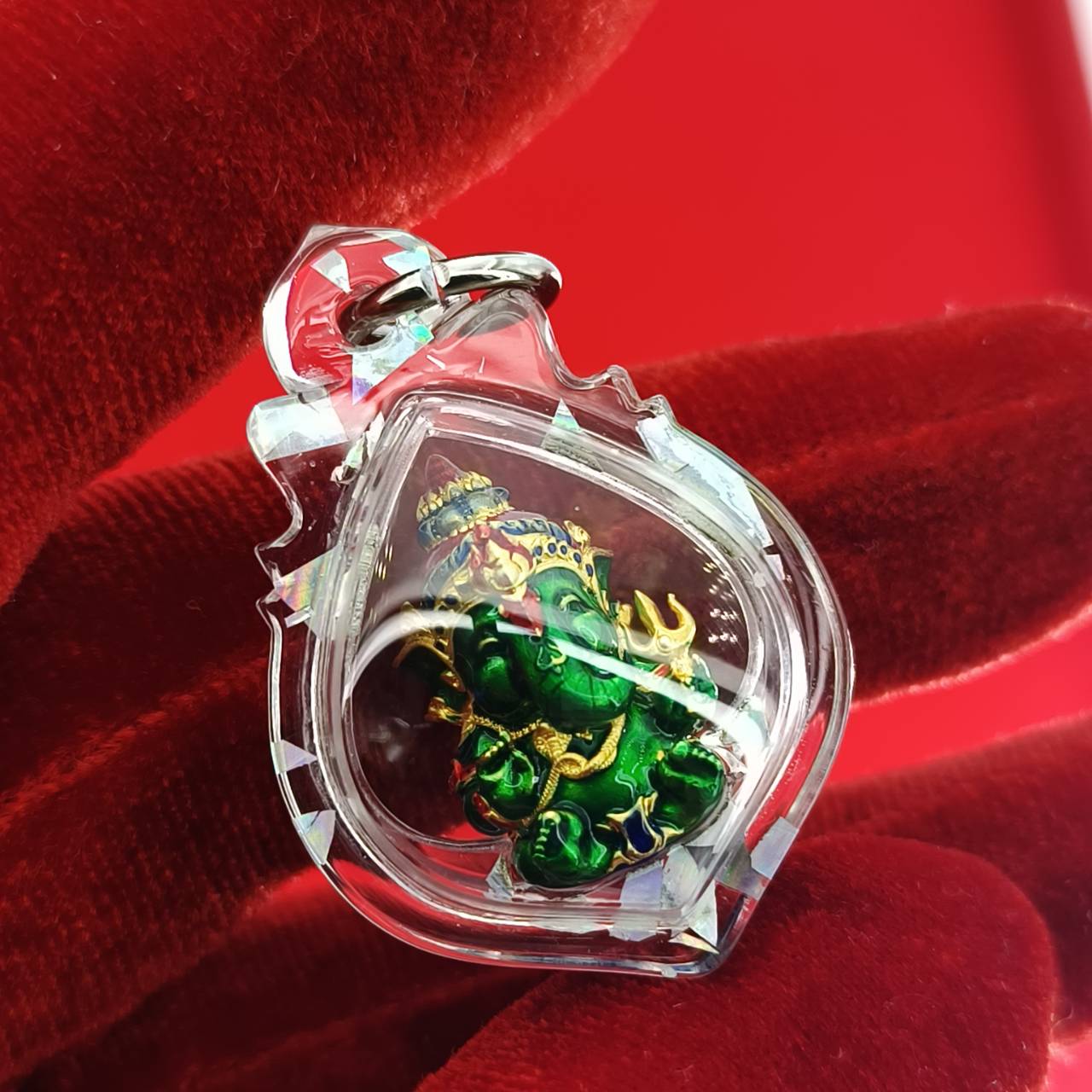 Phra Sri Siddhiya Ganapati Gold-Plated Bronze Statue with Green Enamel Finish