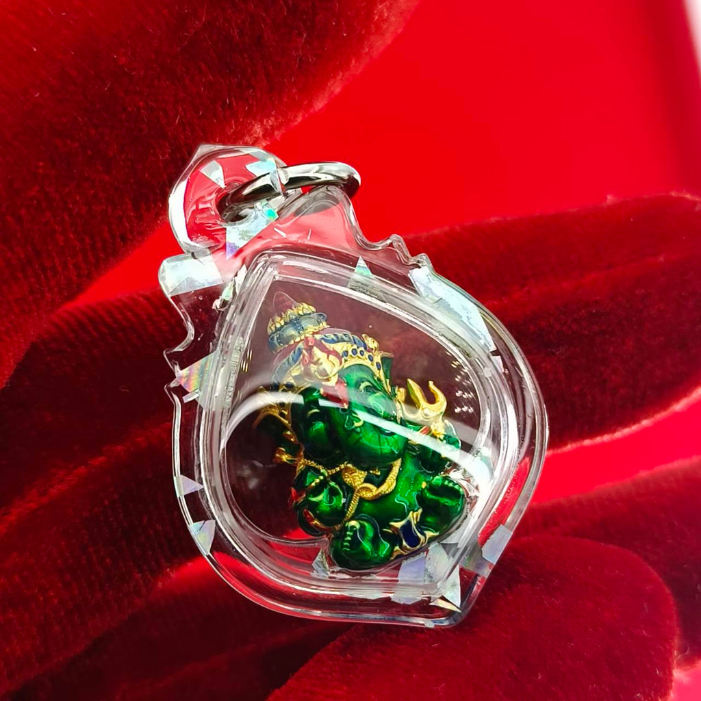 Phra Sri Siddhiya Ganapati Gold-Plated Bronze Statue with Green Enamel Finish