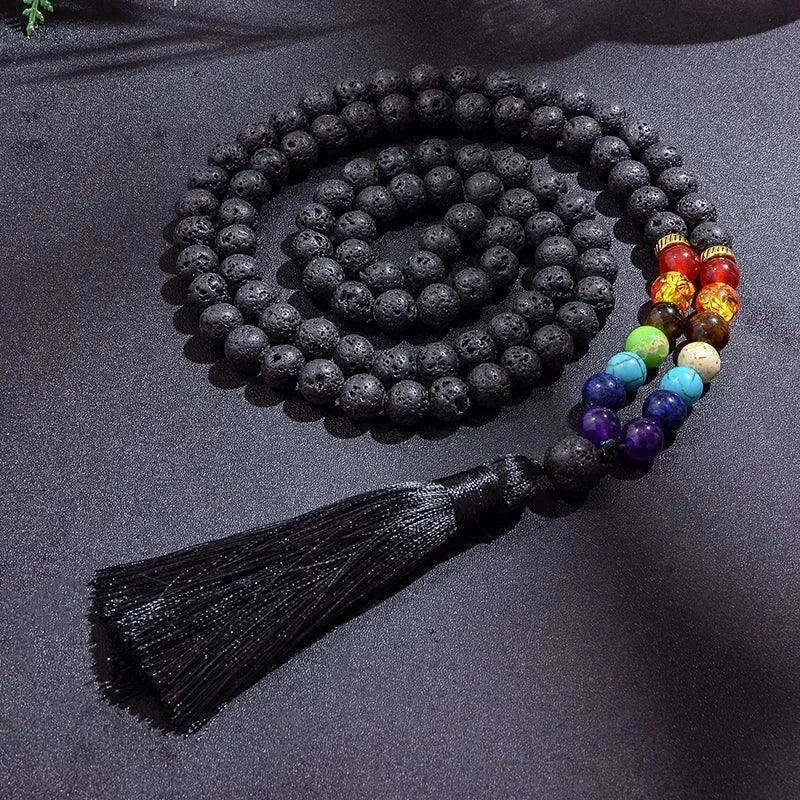 🌋 8mm Black Lava Stone & 7 Chakra Healing Mala Necklace (108 Beads) – Aromatherapy Diffuser, Meditation Prayer Beads & Yoga Japamala Rosary Set