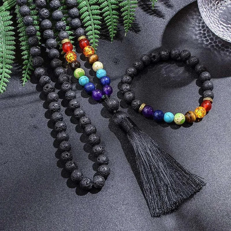 🌋 8mm Black Lava Stone & 7 Chakra Healing Mala Necklace (108 Beads) – Aromatherapy Diffuser, Meditation Prayer Beads & Yoga Japamala Rosary Set