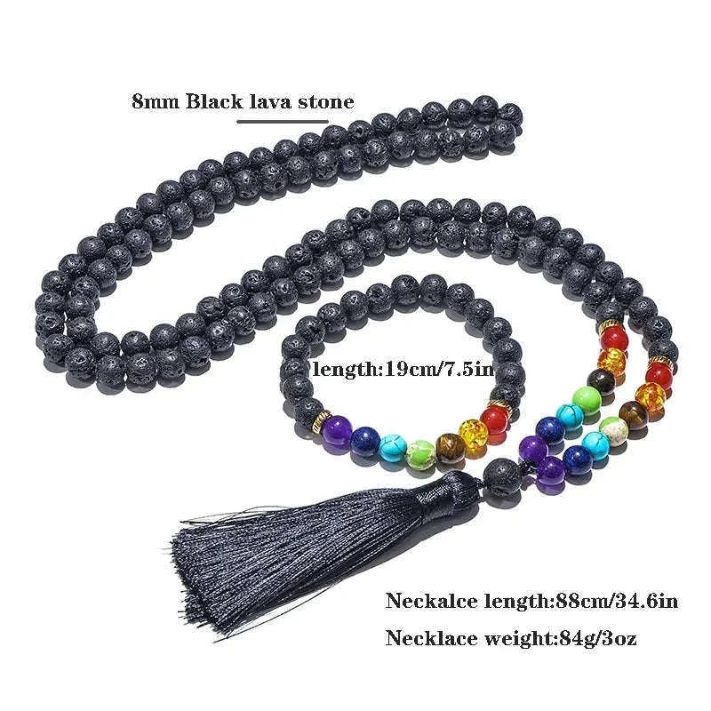 🌋 8mm Black Lava Stone & 7 Chakra Healing Mala Necklace (108 Beads) – Aromatherapy Diffuser, Meditation Prayer Beads & Yoga Japamala Rosary Set