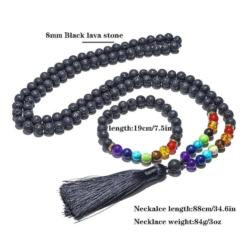 🌋 8mm Black Lava Stone & 7 Chakra Healing Mala Necklace (108 Beads) – Aromatherapy Diffuser, Meditation Prayer Beads & Yoga Japamala Rosary Set