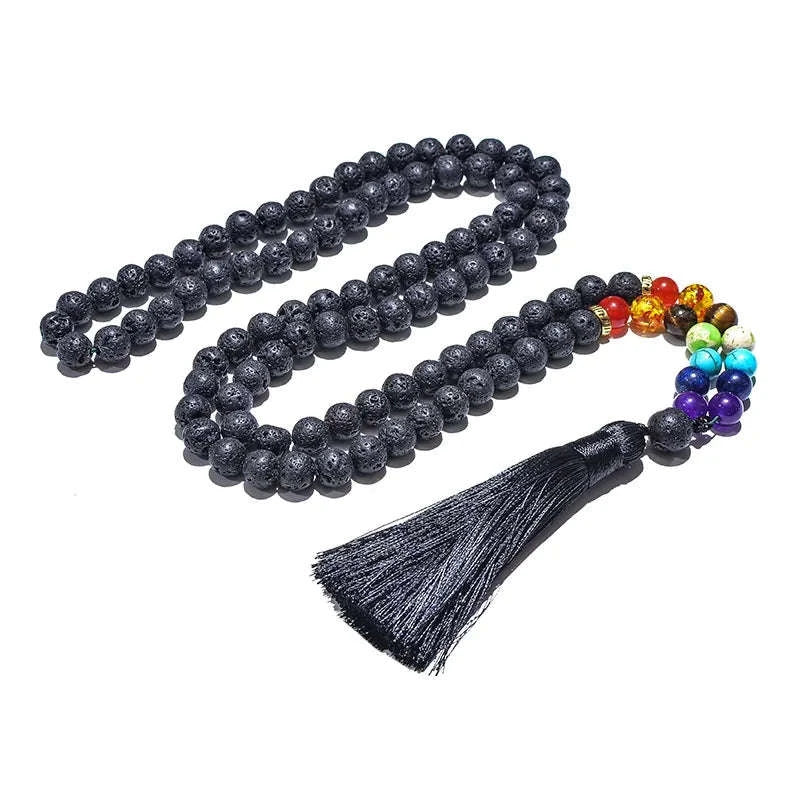 🌋 8mm Black Lava Stone & 7 Chakra Healing Mala Necklace (108 Beads) – Aromatherapy Diffuser, Meditation Prayer Beads & Yoga Japamala Rosary Set