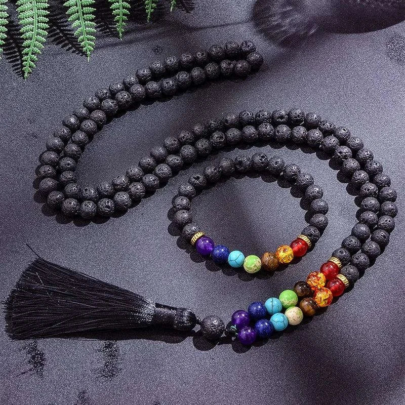 🌋 8mm Black Lava Stone & 7 Chakra Healing Mala Necklace (108 Beads) – Aromatherapy Diffuser, Meditation Prayer Beads & Yoga Japamala Rosary Set