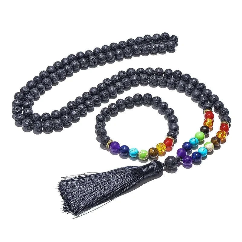 🌋 8mm Black Lava Stone & 7 Chakra Healing Mala Necklace (108 Beads) – Aromatherapy Diffuser, Meditation Prayer Beads & Yoga Japamala Rosary Set Set