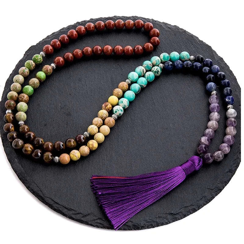 🌈 8mm Natural Stone 7 Chakra Healing Necklace: 108 Mala Beads with Tassel – Yoga Meditation Rosary for Energy Balance & Inner Peace