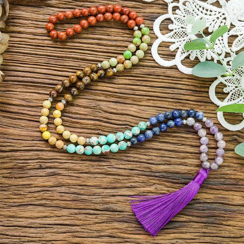 🌈 8mm Natural Stone 7 Chakra Healing Necklace: 108 Mala Beads with Tassel – Yoga Meditation Rosary for Energy Balance & Inner Peace