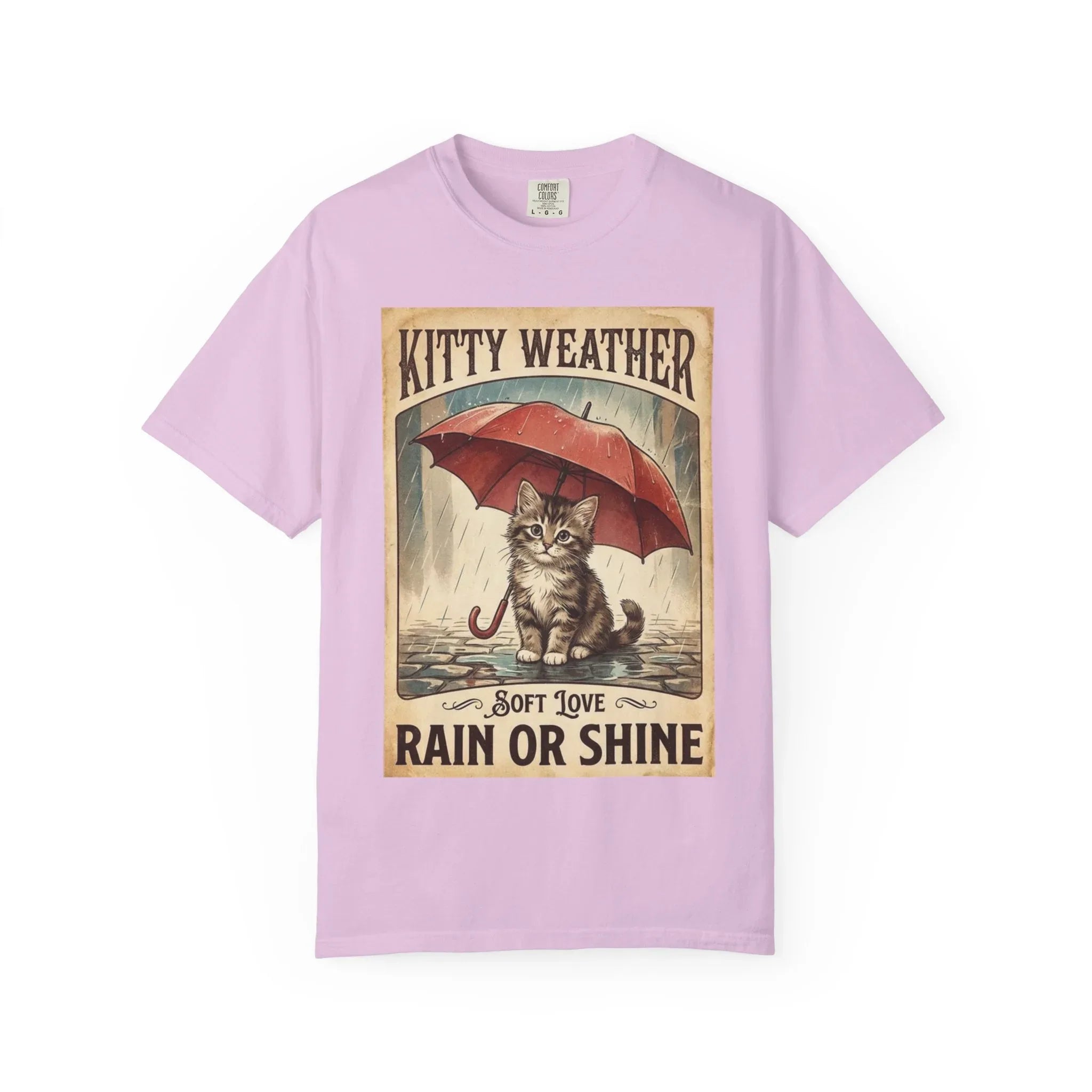 Kitty Weather Rain or Shine Shirt, Umbrella Cat Vintage Poster T-Shirt, Cozy Rainy Day Kitten Tee, Retro Cat Lover Gift Orchid