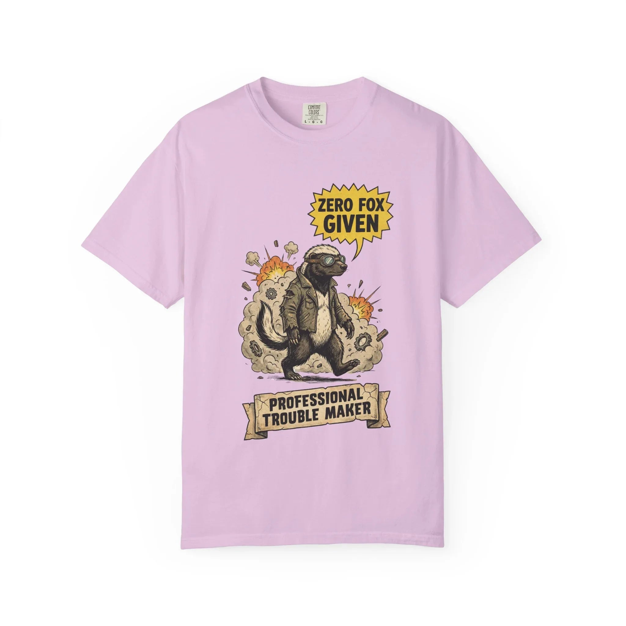 Honey Badger Shirt - "Zero Fox Given" T-Shirt - Professional Trouble Maker - Funny Animal Tee - Vintage Biker Gift - Sarcastic Graphic Top for Rebels Orchid