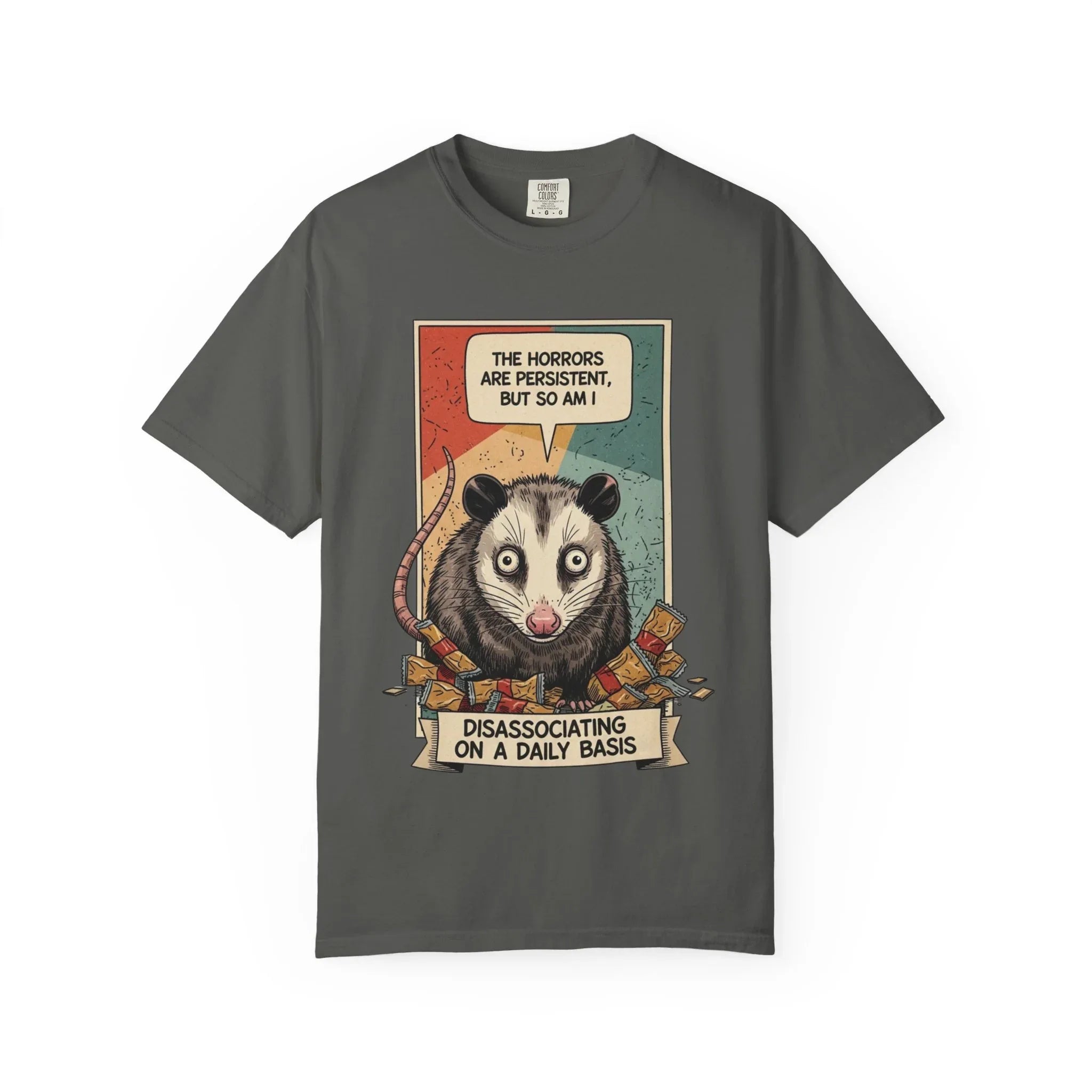 Funny Opossum Shirt - "The Horrors Are Persistent But So Am I" Tee - Mental Health Awareness Gift - Disassociation Meme Sweatshirt - Retro Trash Cat Hoodie Pepper