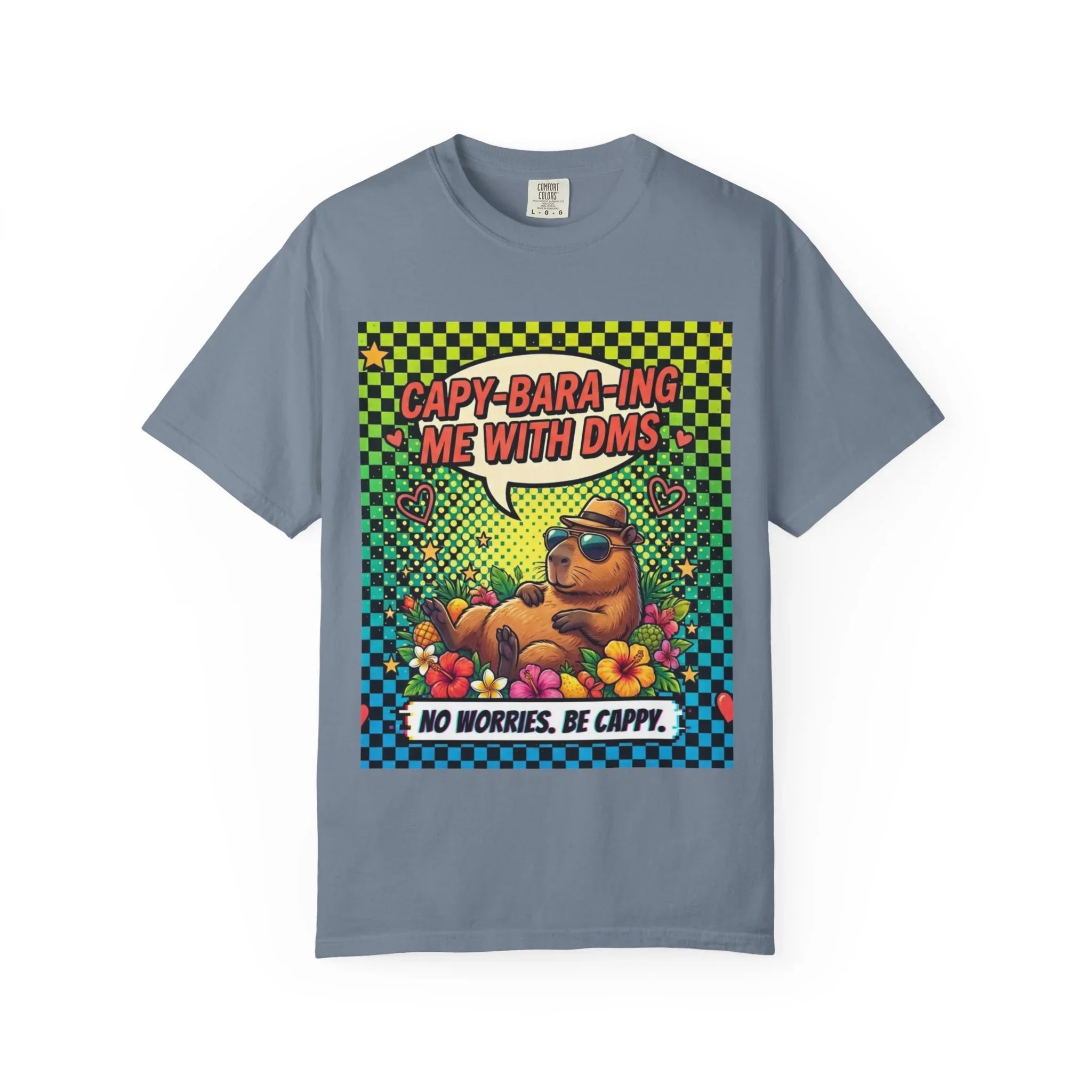 Capybara Relaxing Cartoon T-Shirt | Capy-bara-ing Me With DMs Tee | No Worries Be Cappy | Viral Meme Humor Gift Shirt Blue Jean