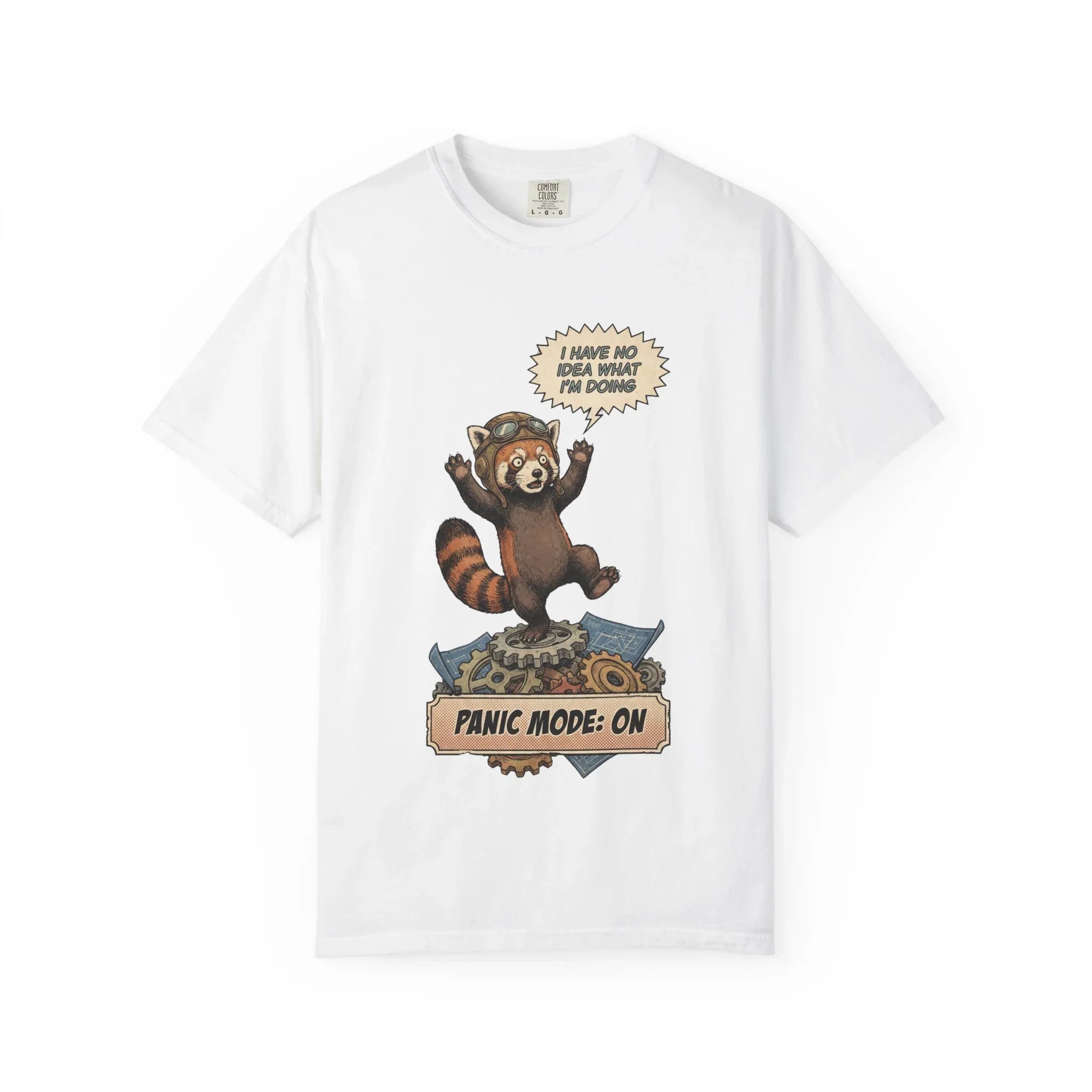Vintage Red Panda T-Shirt - Funny Engineer Gift - Panicked Pilot Shirt - Imposter Syndrome Meme Tee - Retro Mechanic Animal Graphic - "Panic Mode On" Top
