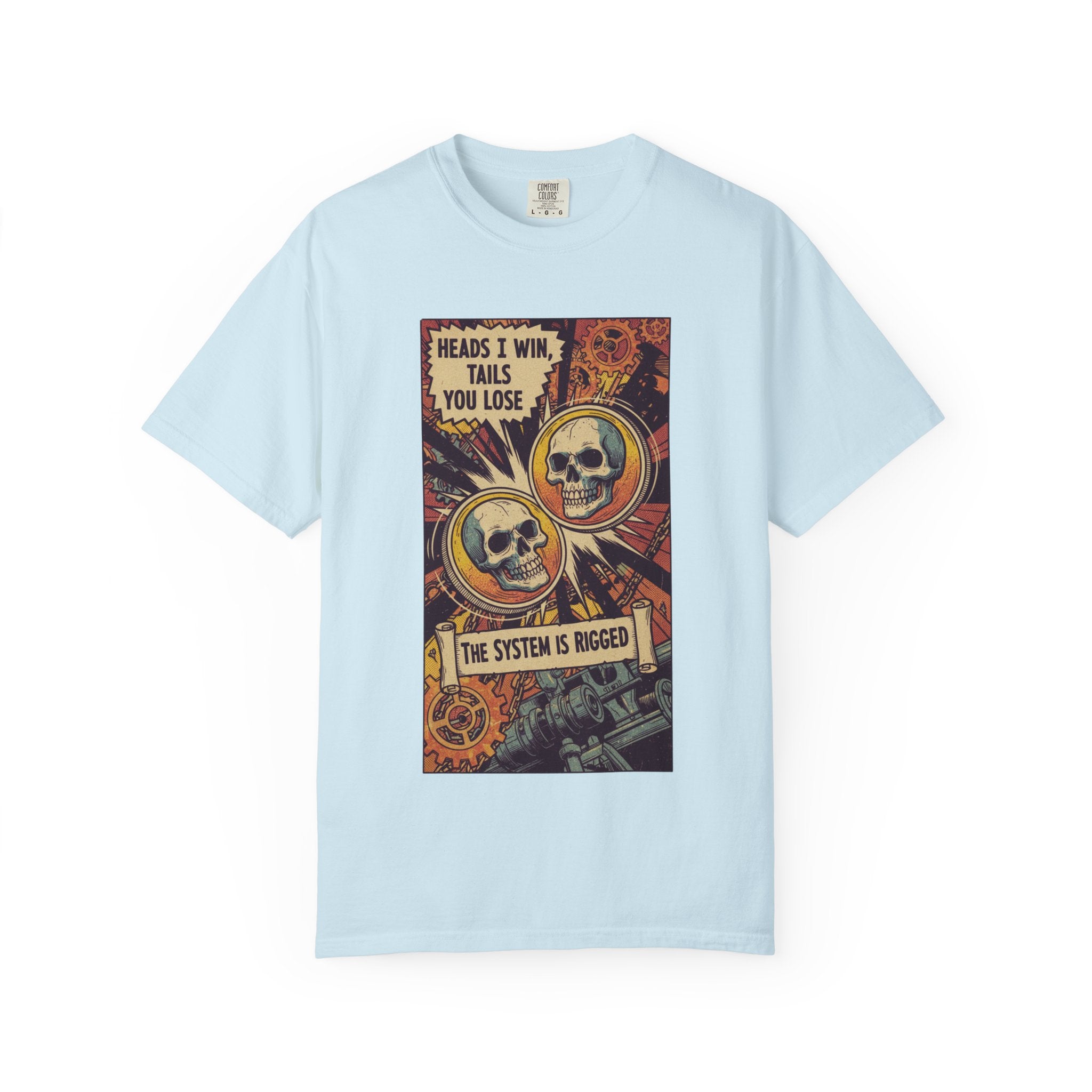 The System Is Rigged T-Shirt - Vintage Satirical Skull Graphic - Dark Humor Chess Pawn Tee - Retro Propaganda Streetwear Chambray