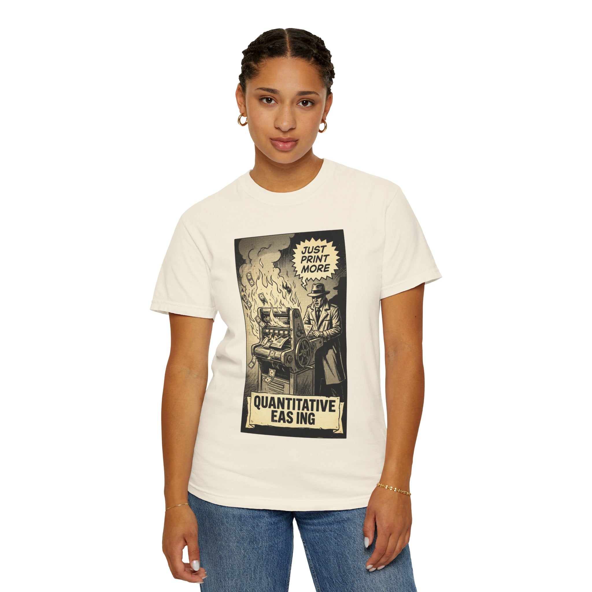 Quantitative Easing Shirt, Funny Finance T-Shirt, Just Print More Money Graphic, Vintage Economic Crisis Tee, Sarcastic Wall Street Apparel Ivory