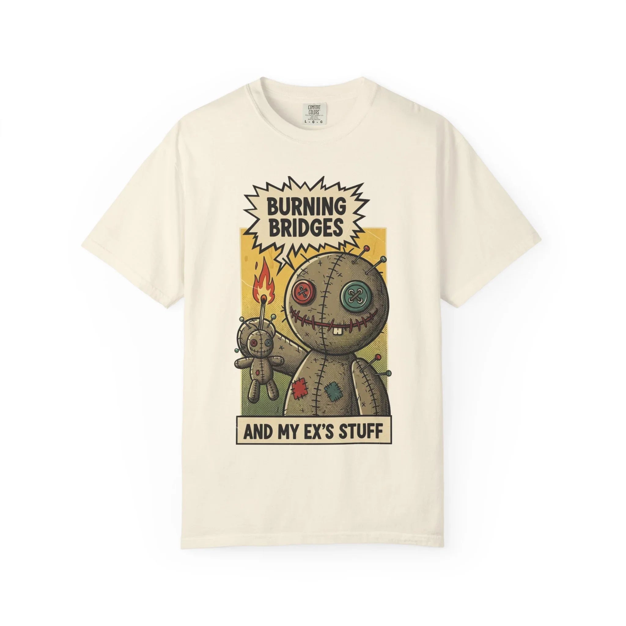 Burning Bridges Funny Breakup Shirt - Vintage Voodoo Doll Graphic Tee - Sarcastic Ex-Relationship T-Shirt - Retro Comic Dark Humor Gift - Mid-Century Aesthetic Streetwear Ivory