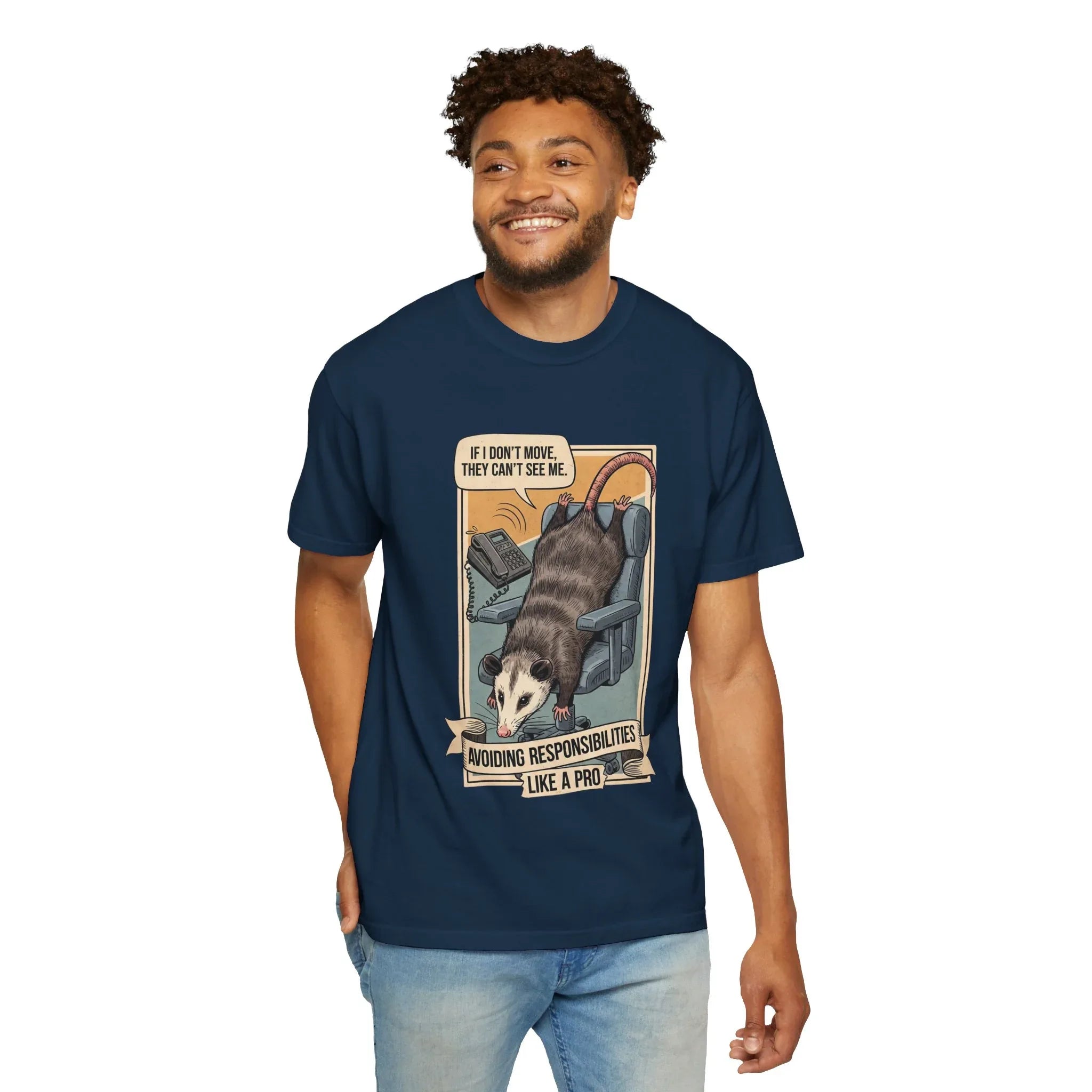 Funny Opossum Avoiding Responsibilities Shirt - Sarcastic Office Humor T-Shirt - Coworker Procrastination Gift - Introvert Work From Home Tee - Retro "Playing Dead" Possum Graphic True Navy