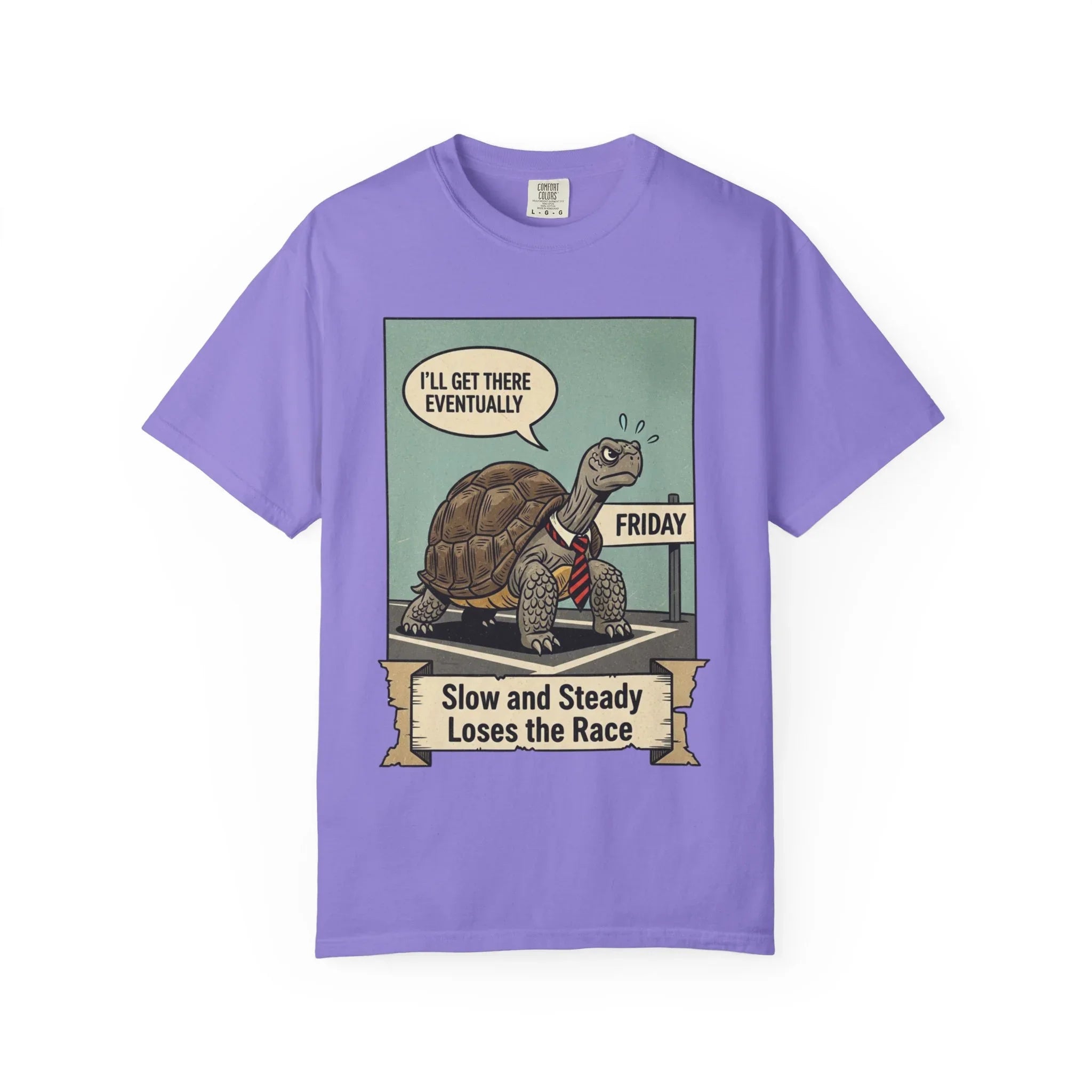 Funny Friday Shirt - Office Humor T-Shirt - Corporate Turtle Tee - Weekend Vibes Gift - "Slow and Steady Loses the Race" - Retro Animal Art Work Sarcasm Top Violet